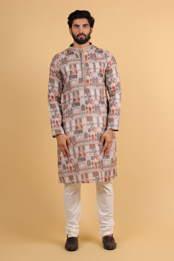 Beige Heritage Print Linen Cotton Kurta