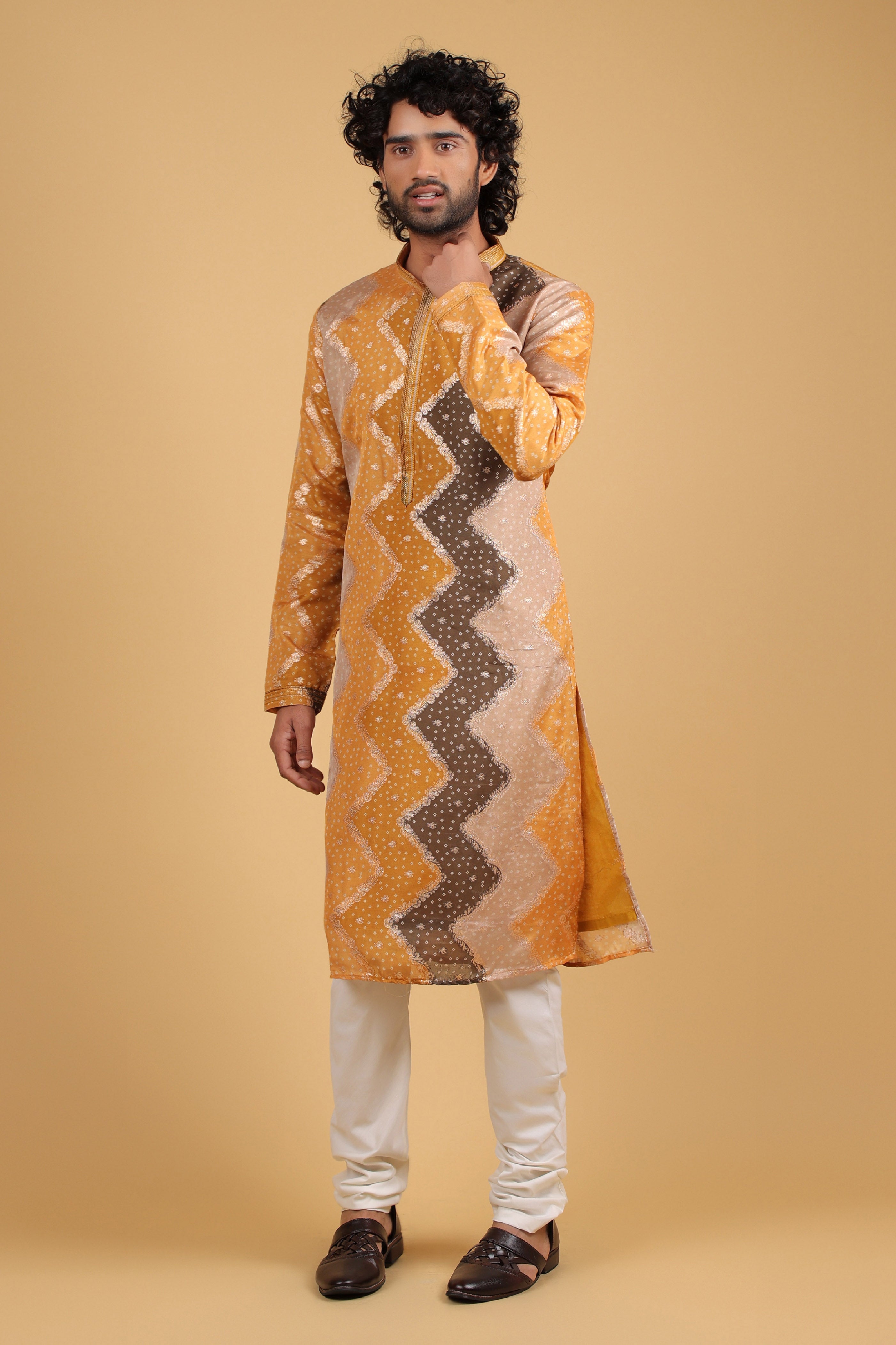 Mustard Bandhej Zari Silk Kurta Set