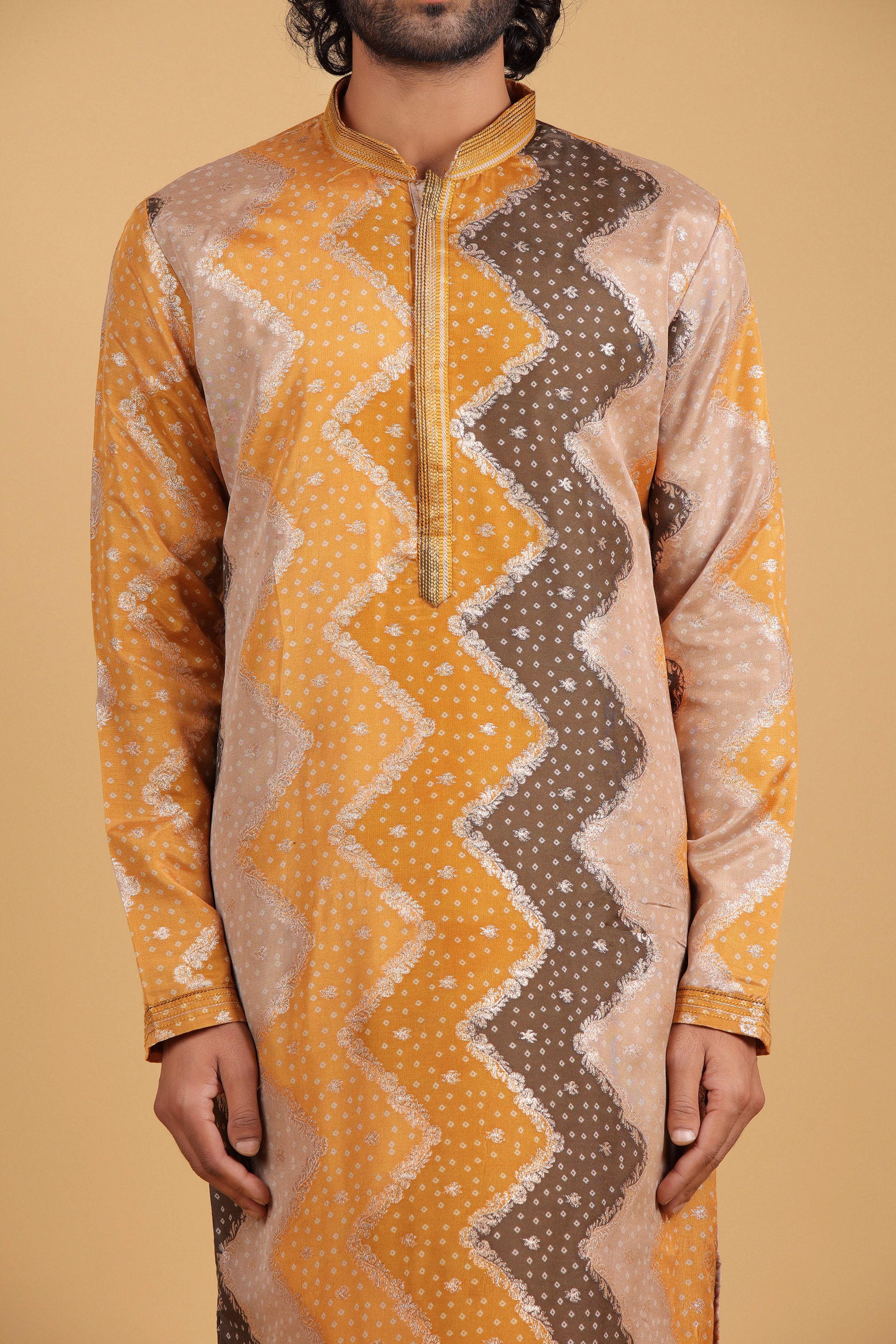 Mustard Bandhej Zari Silk Kurta Set