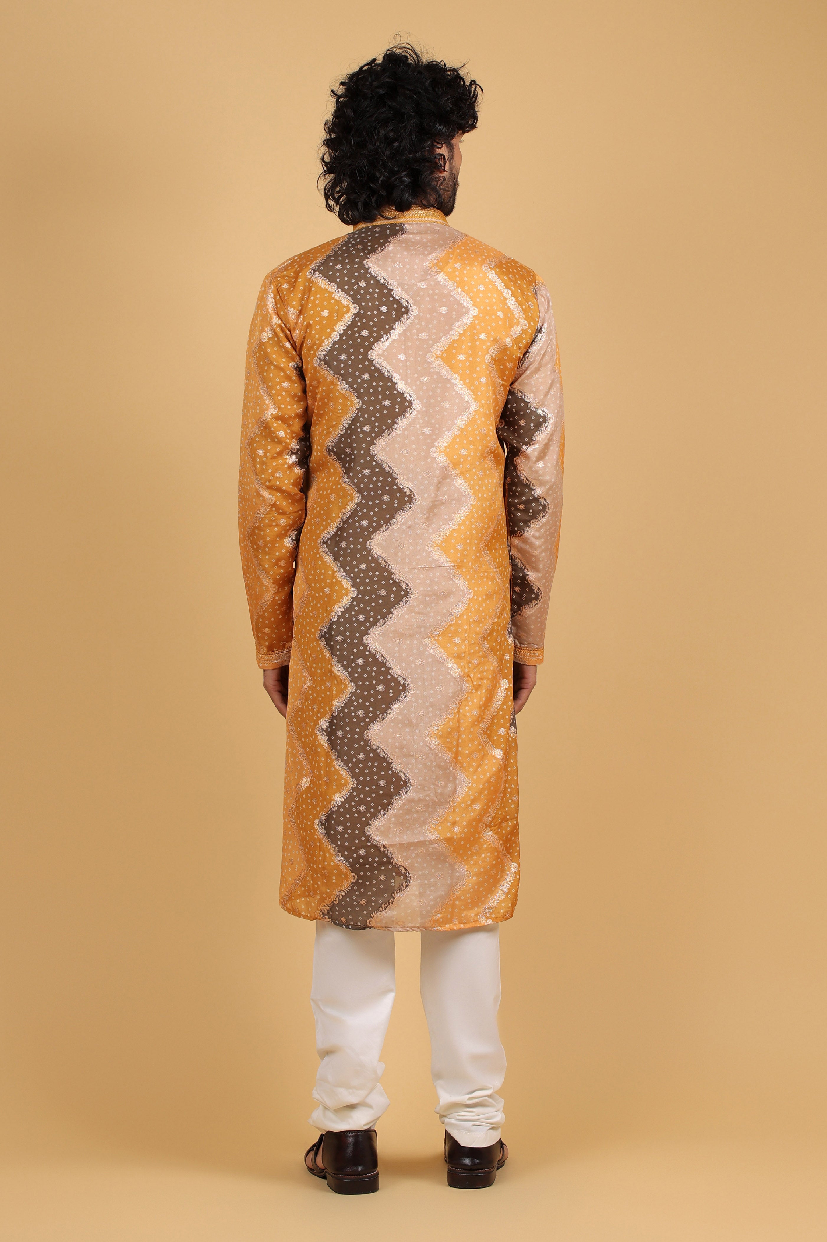 Mustard Bandhej Zari Silk Kurta Set