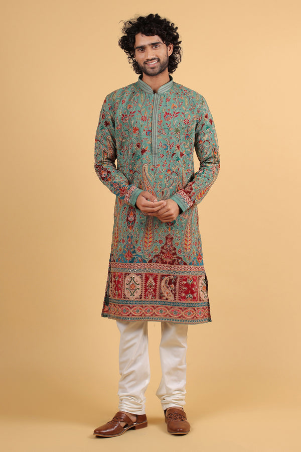 Regal OmbrÃ© Green Russian Silk Embroidered Kurta