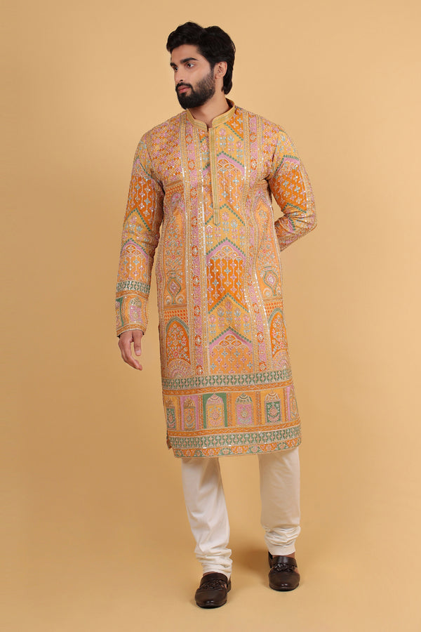 Sunlit Royalty Yellow Zari Kasab Silk Kurta