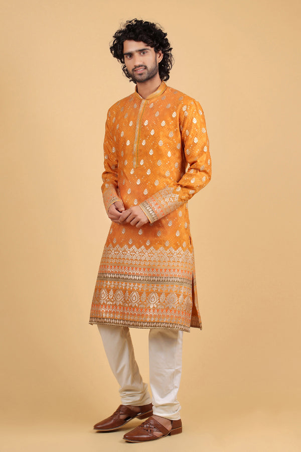 Regal Mustard Zari Bandhej Kurta