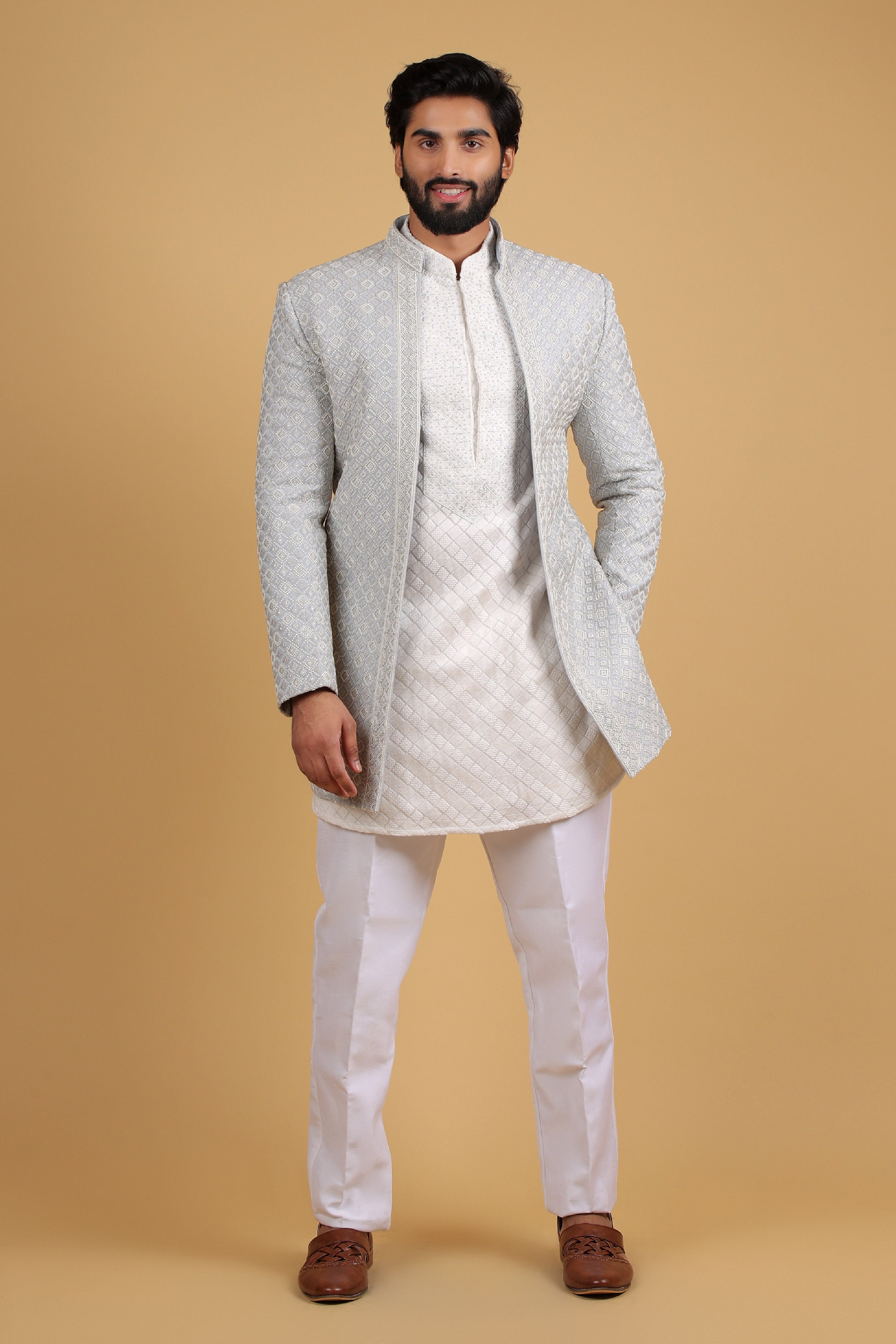 Blueish Grey Regal Silver Embroidered Indo Western Ensemble