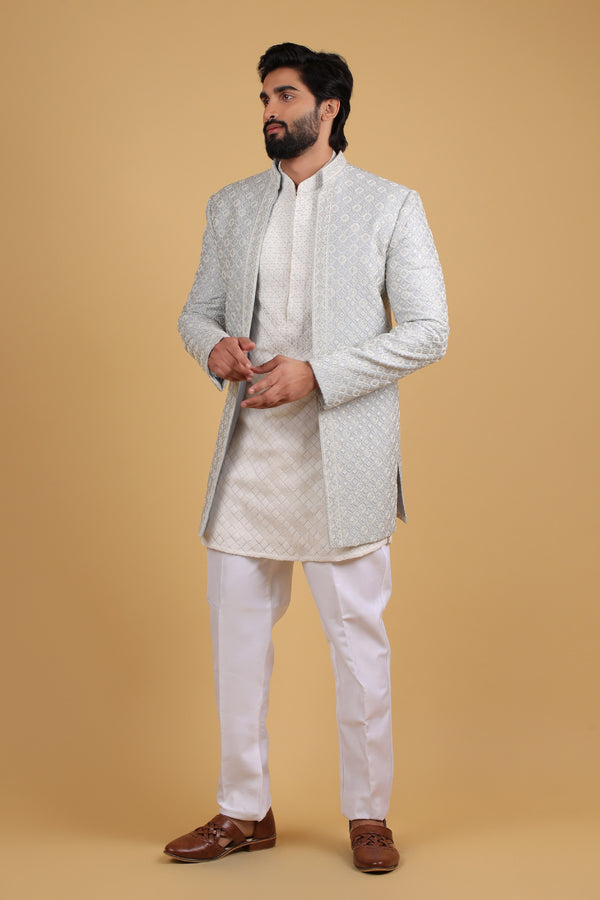 Blueish Grey Regal Silver Embroidered Indo Western Ensemble