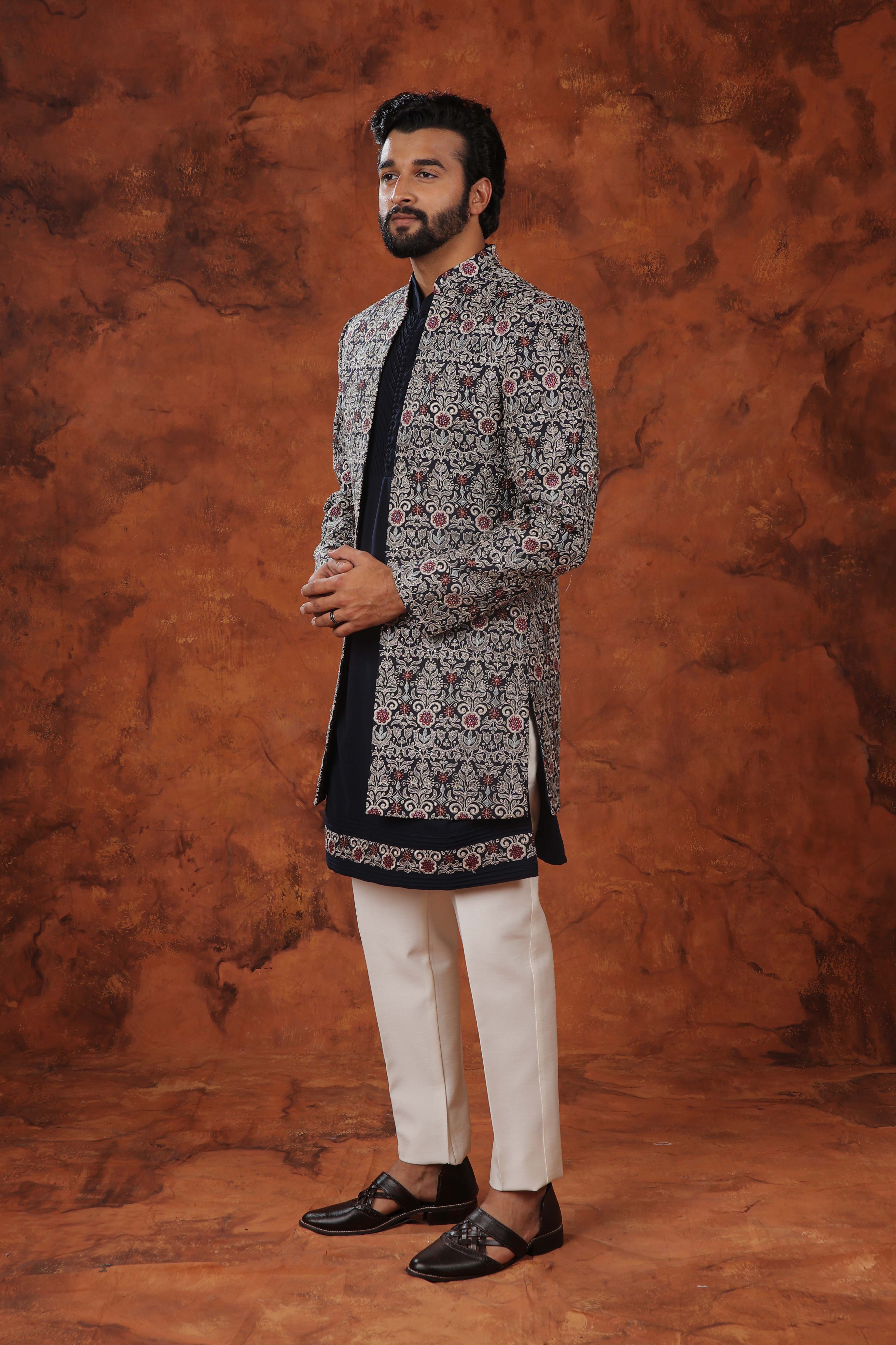 Midnight Majesty Silk Jacket & Pintuck Kurta Set