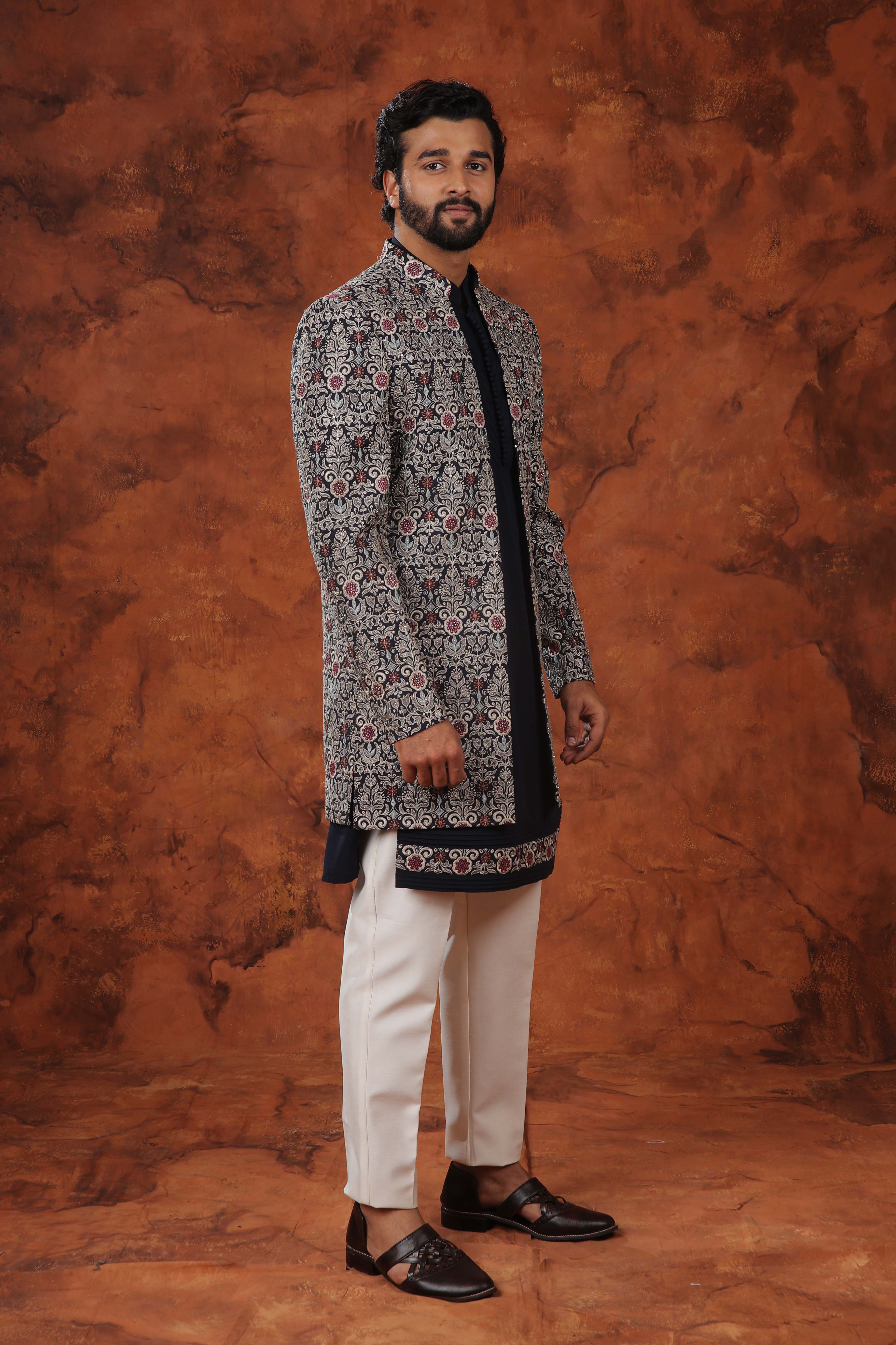 Midnight Majesty Silk Jacket & Pintuck Kurta Set