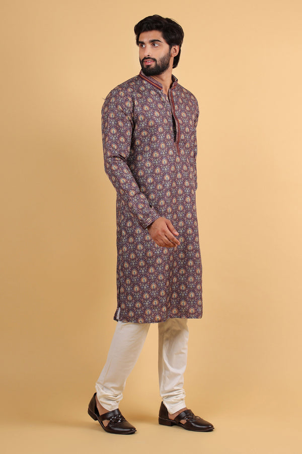 Majestic Maroon-Golden Embroidered Rayon Kurta