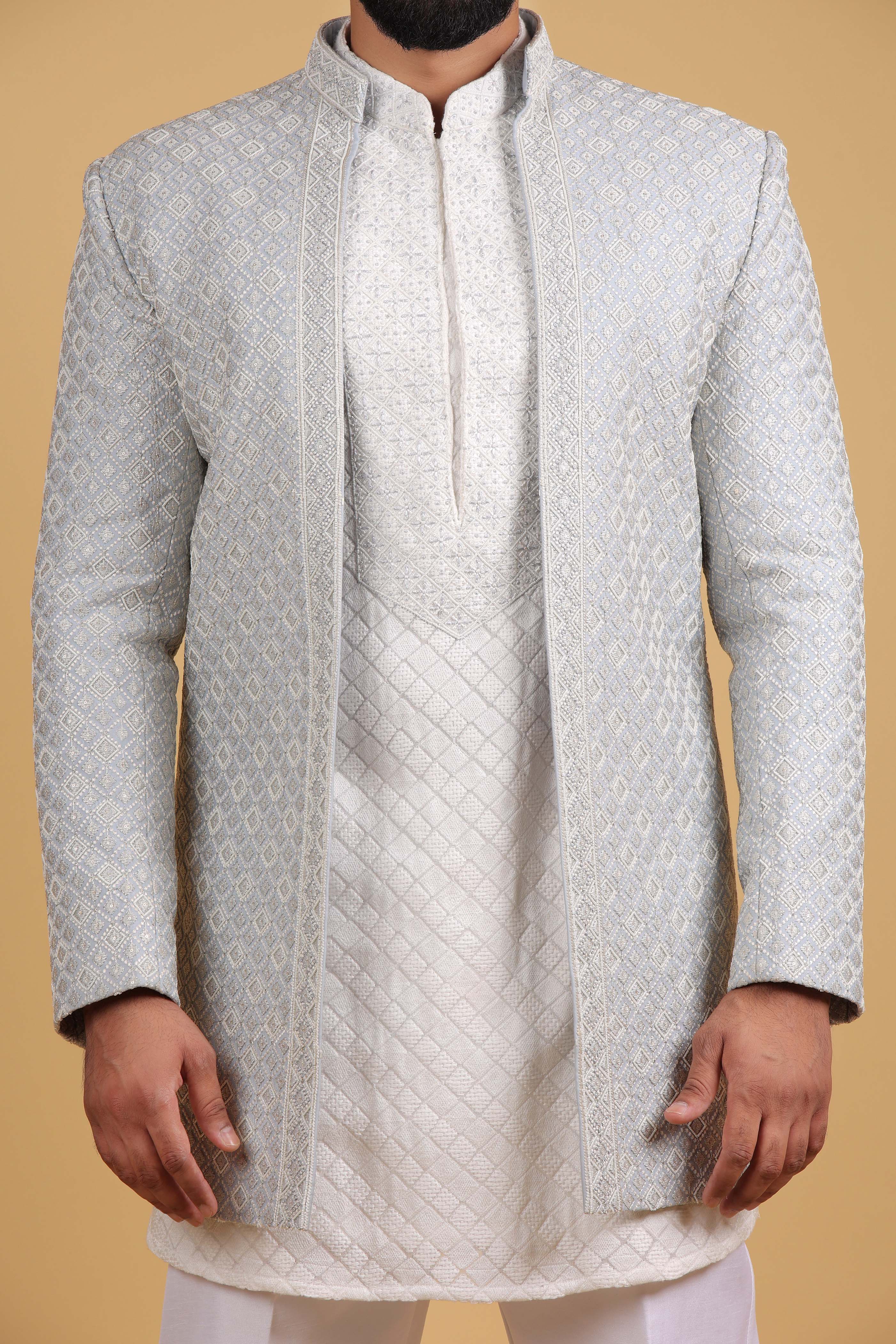 Blueish Grey Regal Silver Embroidered Indo Western Ensemble