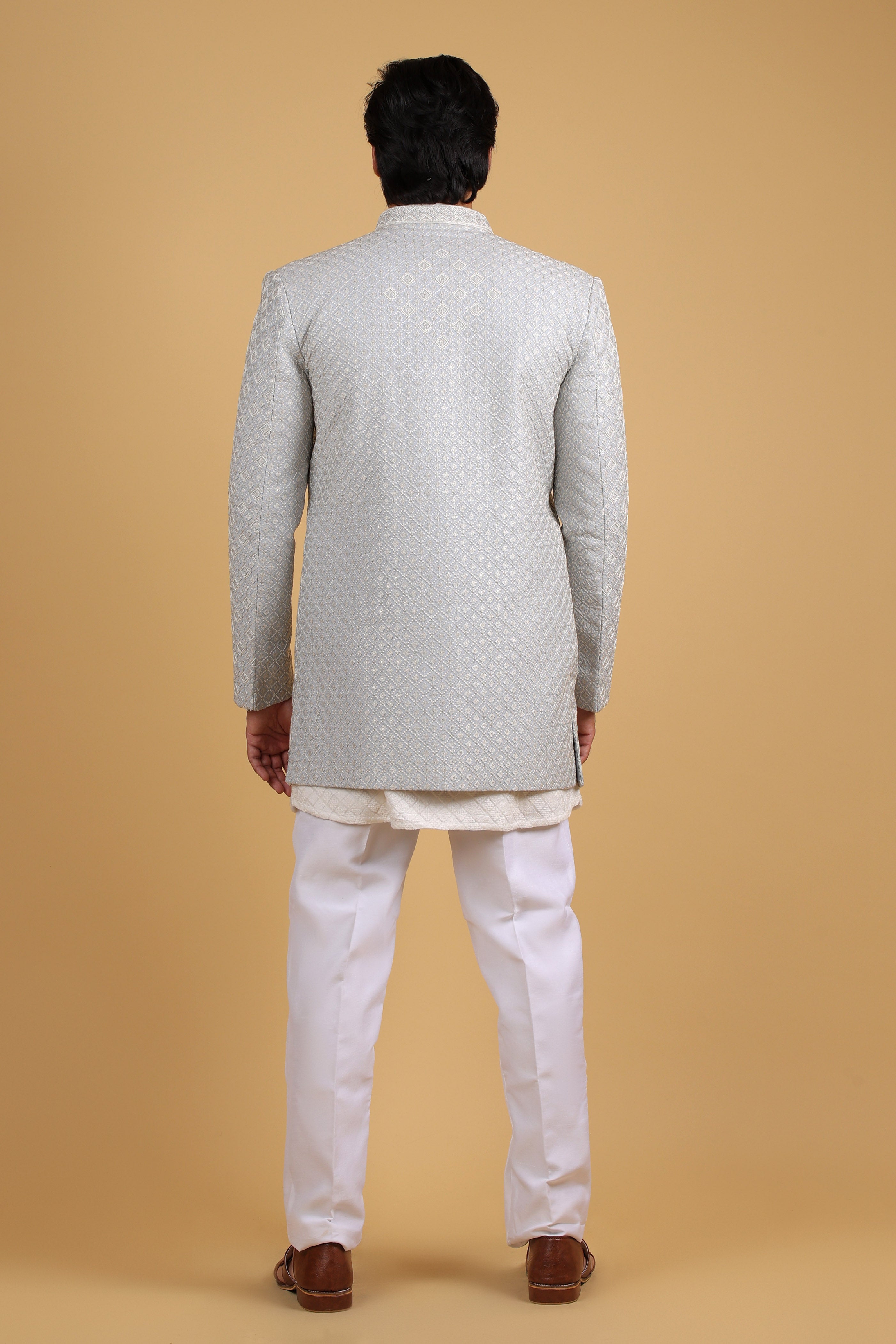 Blueish Grey Regal Silver Embroidered Indo Western Ensemble