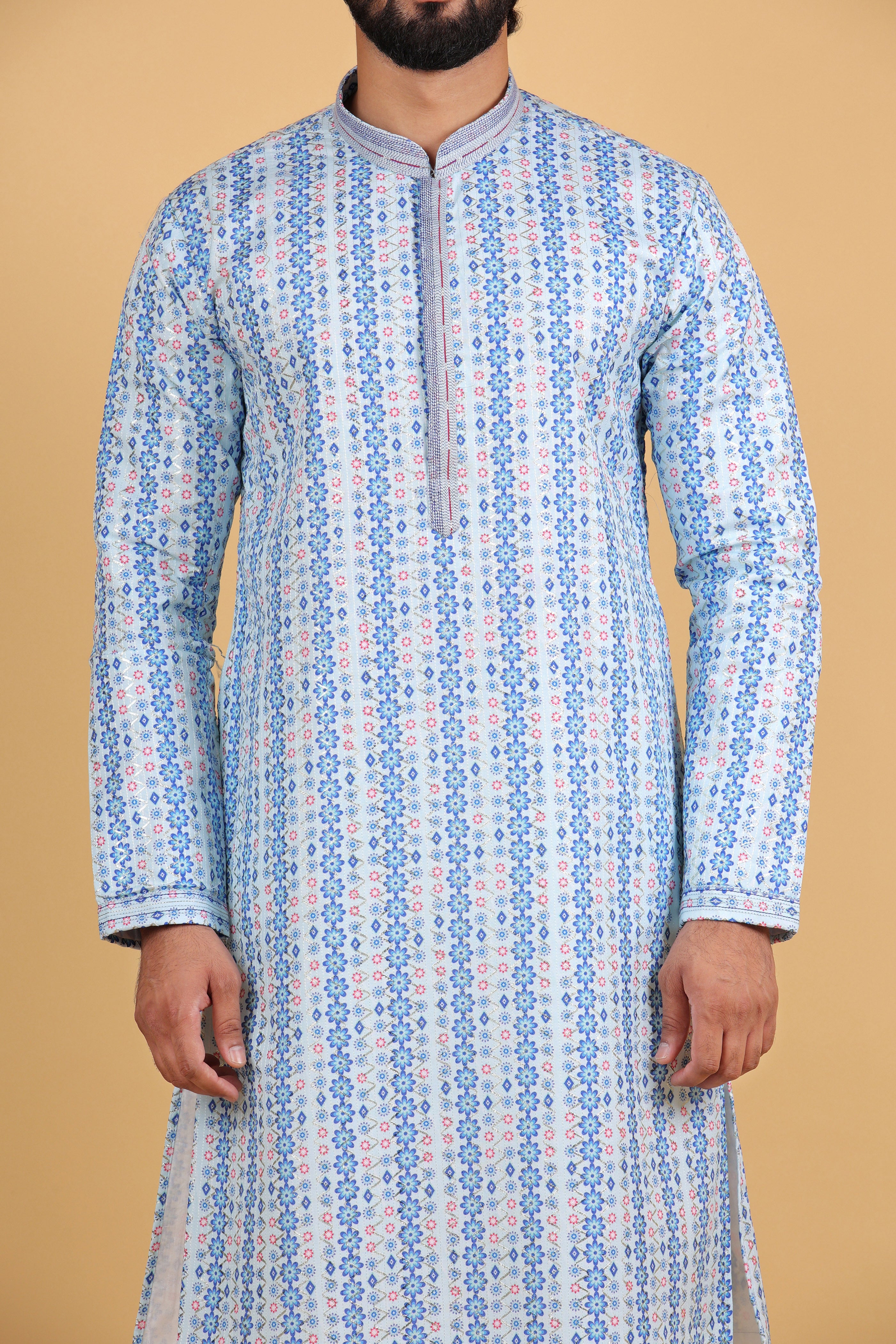 Azure Radiance Printed Sequin Silk Kurta
