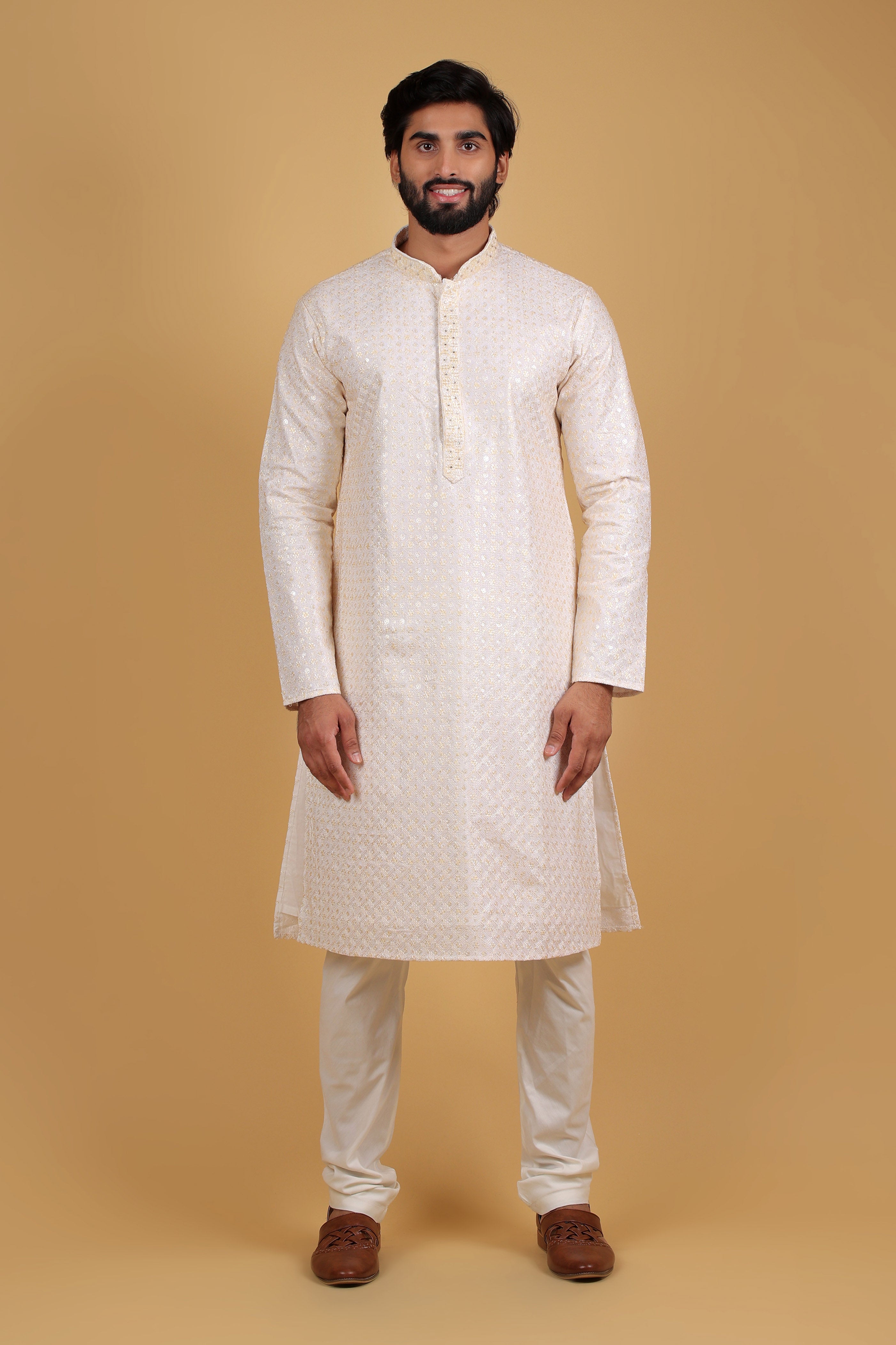 Opaline White Rayon Silk Kurta with Multicolor Sequin Embroidery
