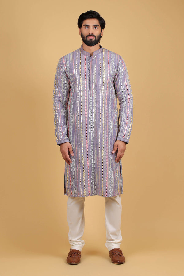 Purple Multi Mirror Embroidered Georgette Kurta