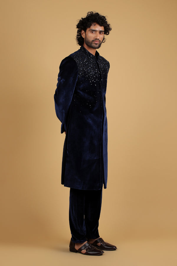 Roasty Blue Velvet Cutdana Handcrafted Indo Western Ensemble