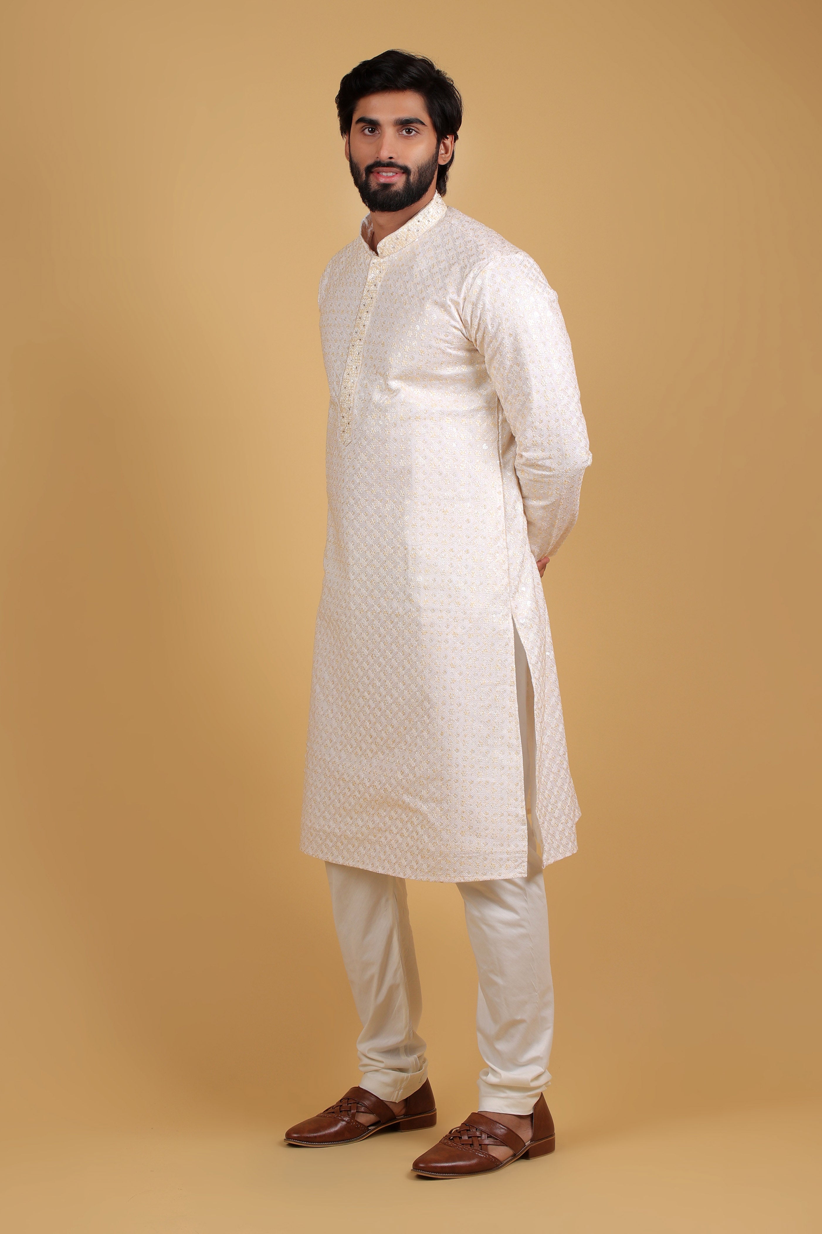 Opaline White Rayon Silk Kurta with Multicolor Sequin Embroidery