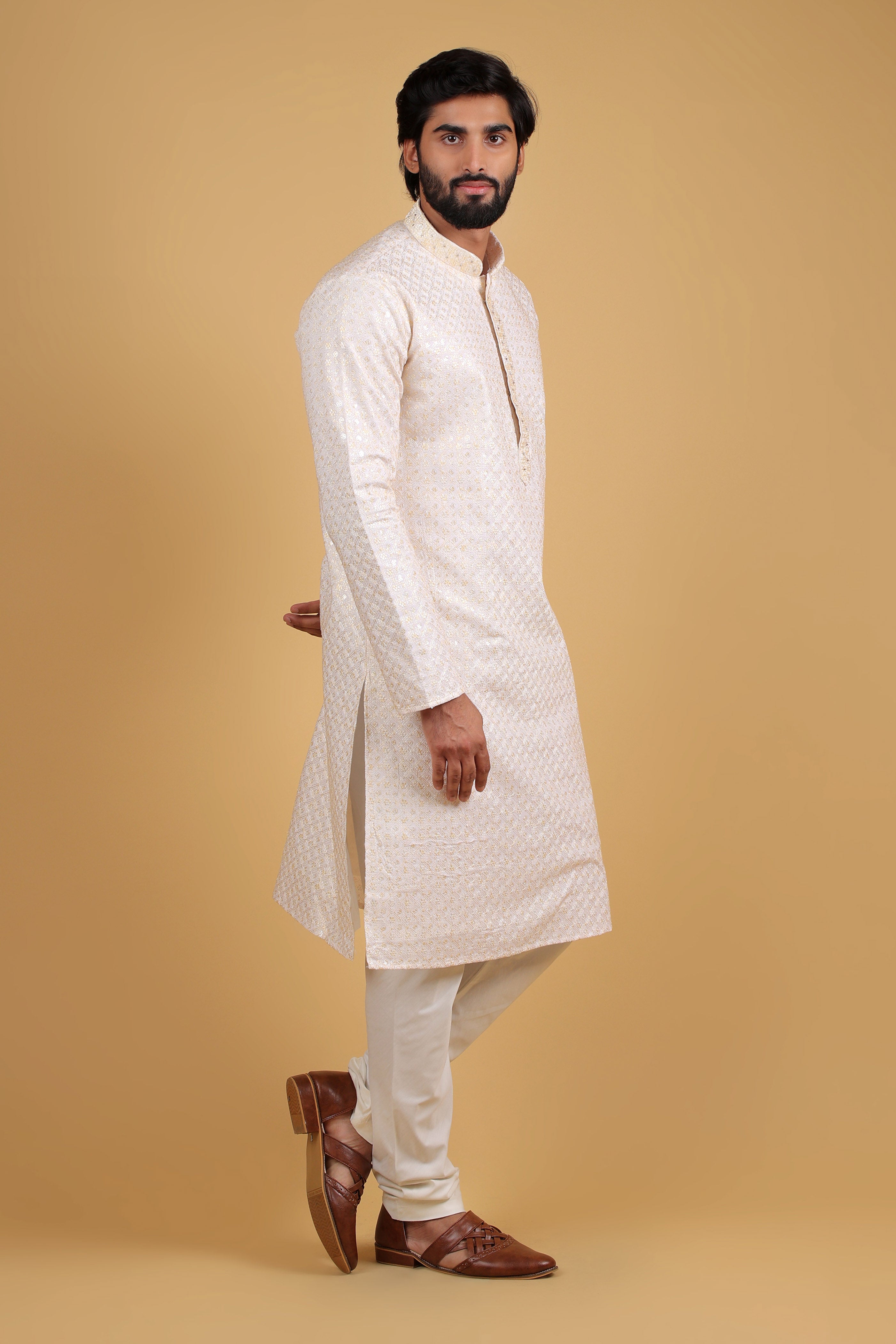 Opaline White Rayon Silk Kurta with Multicolor Sequin Embroidery