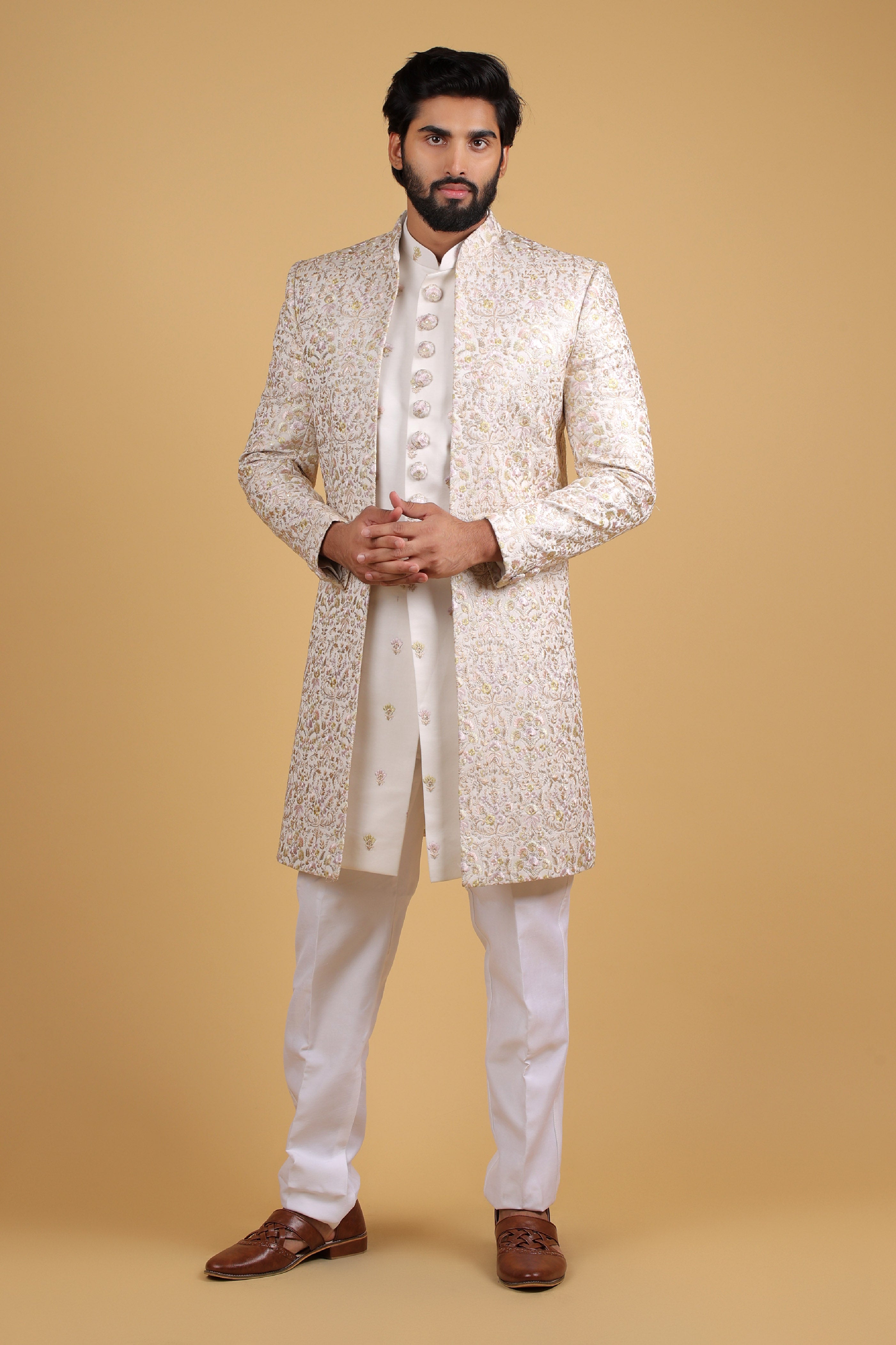 Regal Cream Resham & Zari Embroidered Front-Open Indo Western