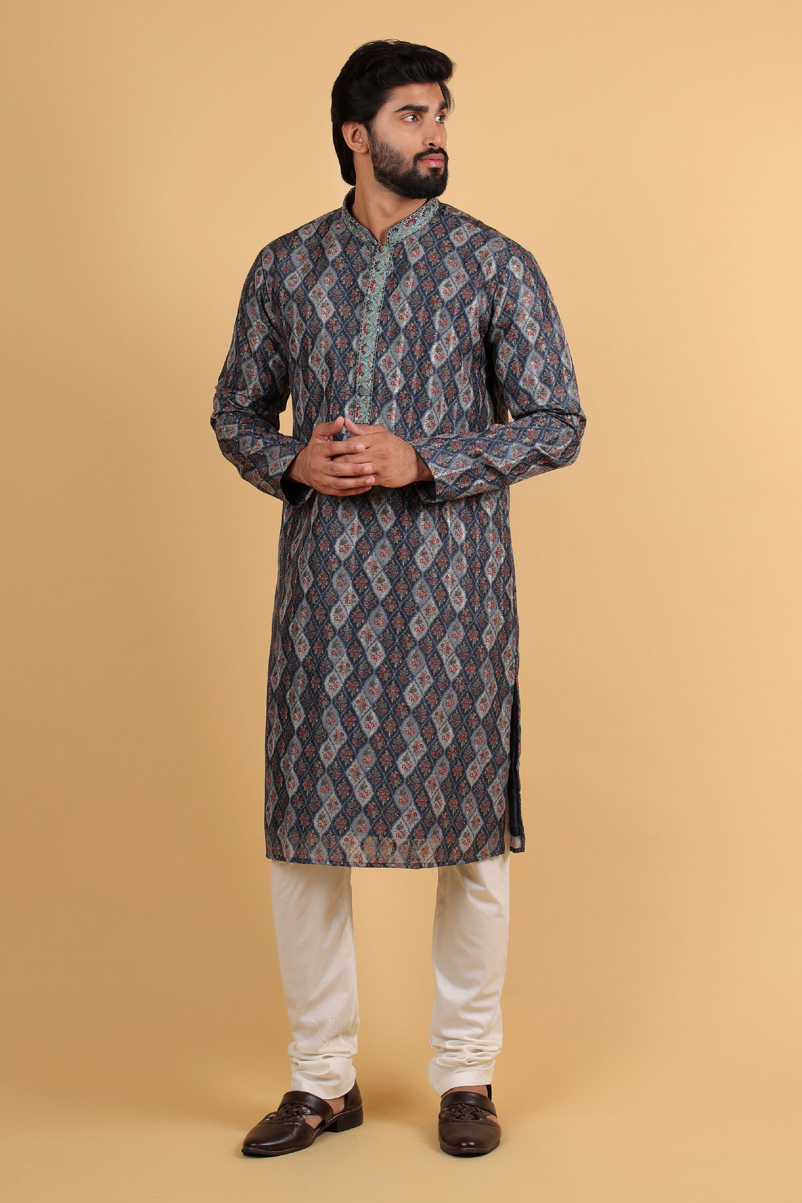 Blue Multicolor Silk Kurta with Maple Print & Embroidered Collar