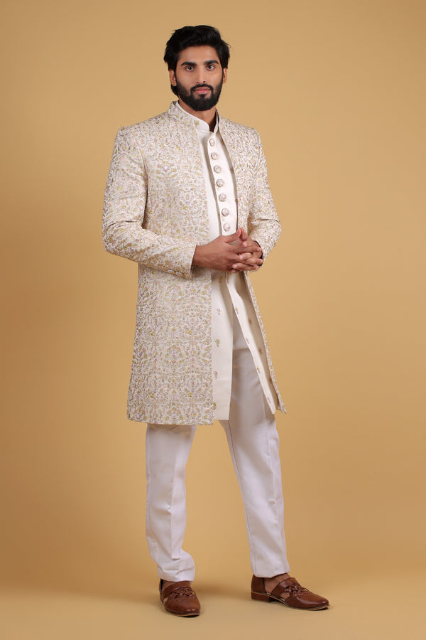 Regal Cream Resham & Zari Embroidered Front-Open Indo Western