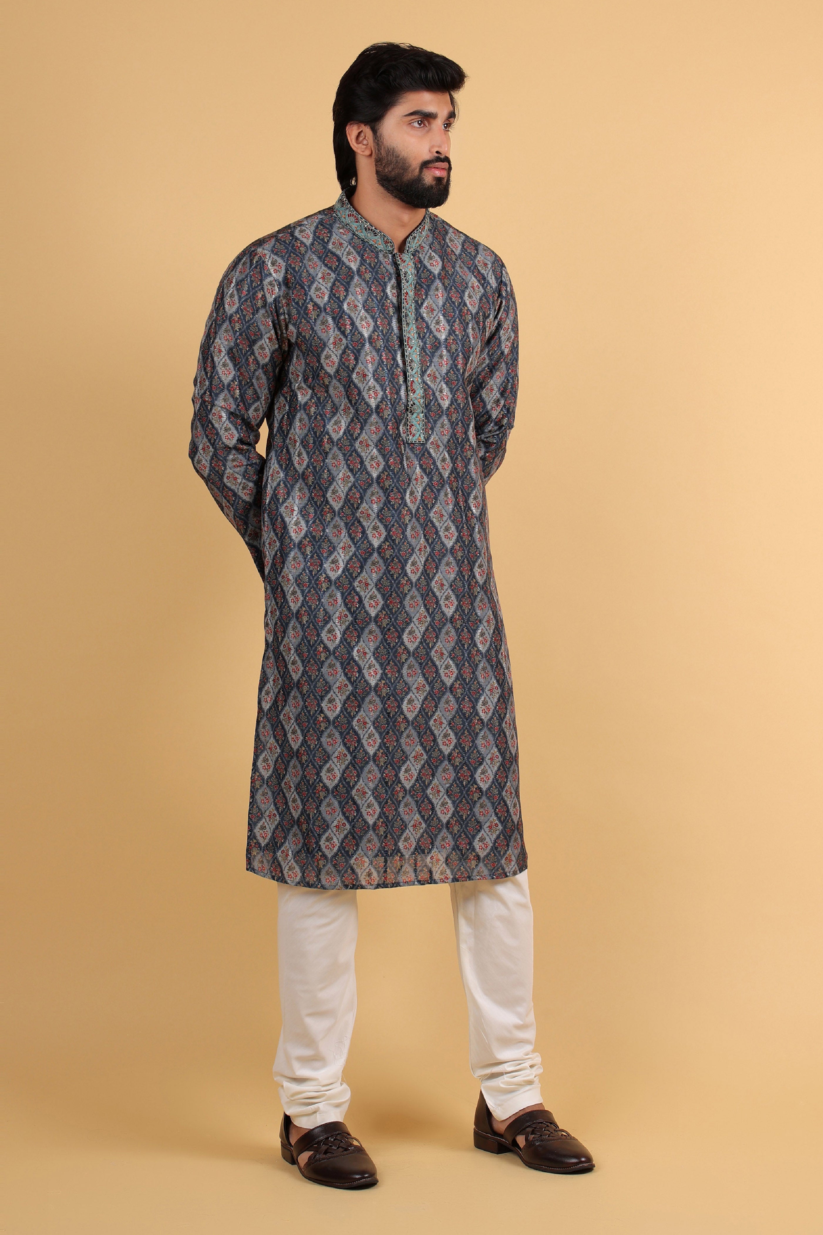 Blue Multicolor Silk Kurta with Maple Print & Embroidered Collar