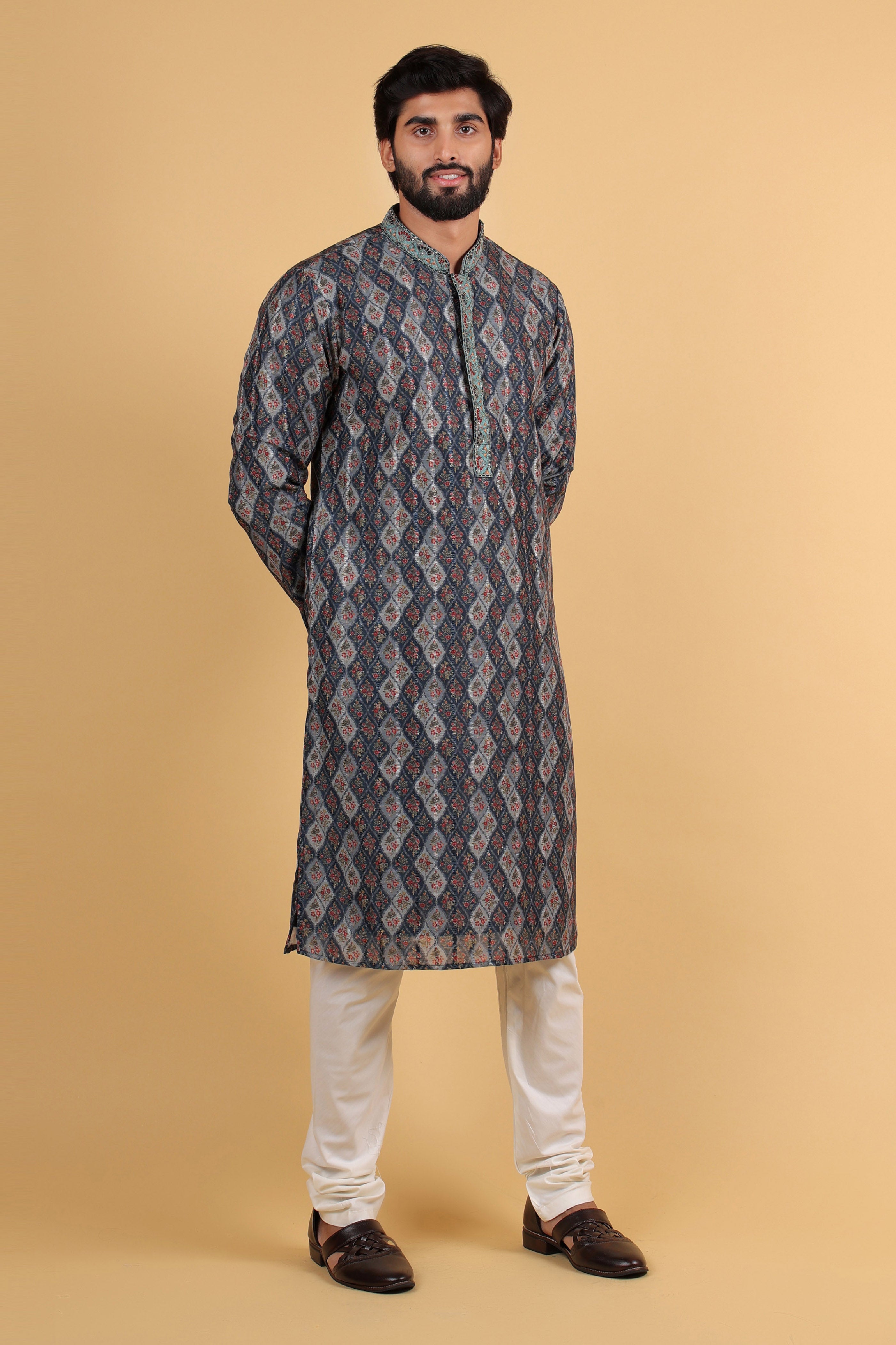 Blue Multicolor Silk Kurta with Maple Print & Embroidered Collar