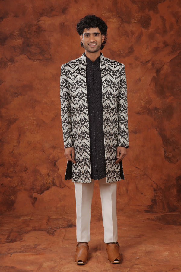 Monochrome Charm Embroidered Indowestern Suit