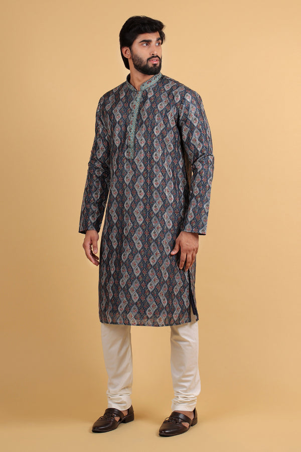 Blue Multicolor Silk Kurta with Maple Print & Embroidered Collar