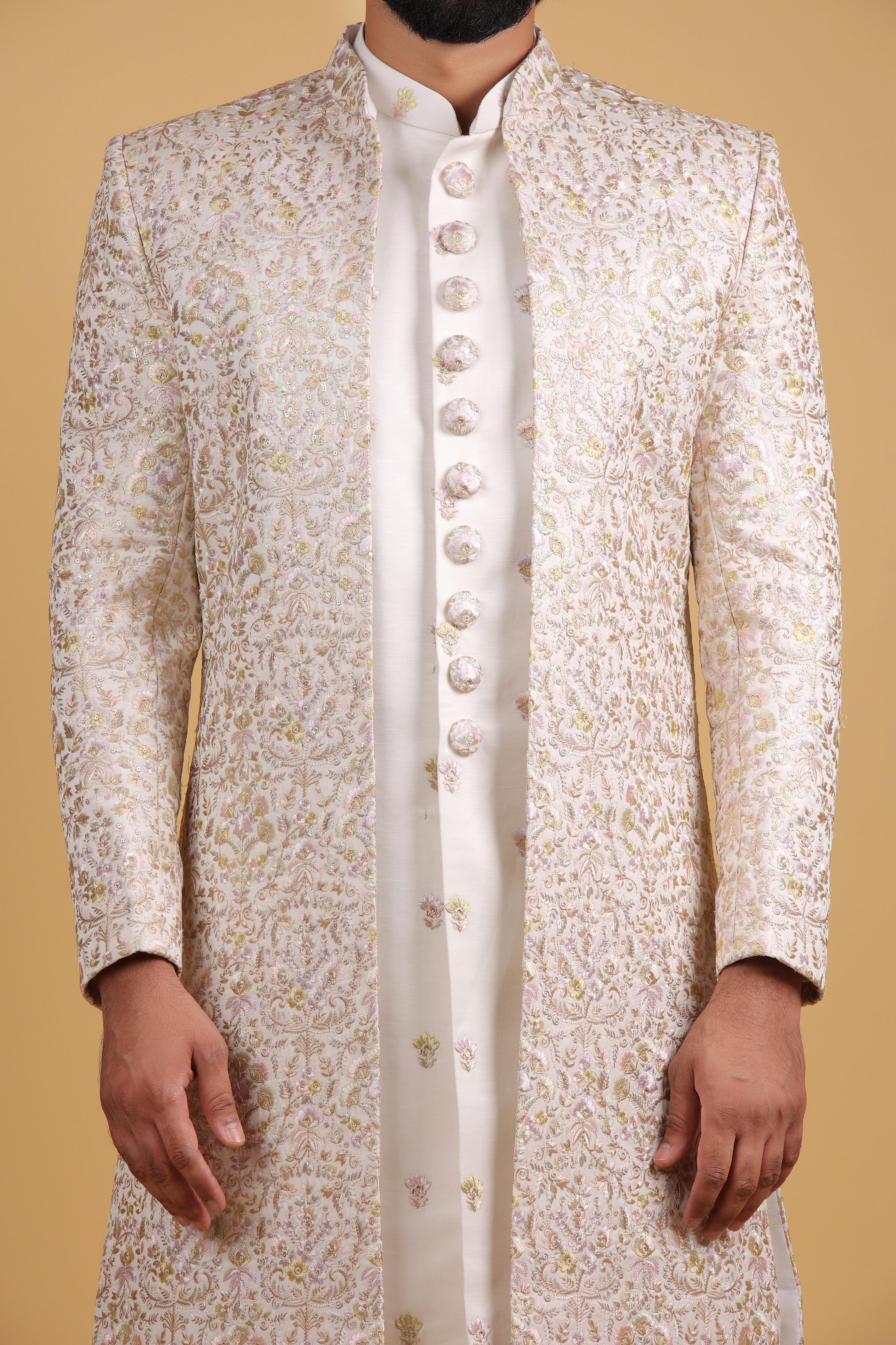 Regal Cream Resham & Zari Embroidered Front-Open Indo Western