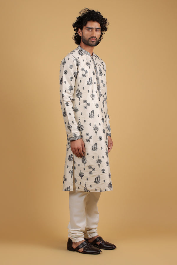 Ivory Elegance Black Thread Embroidered Kurta