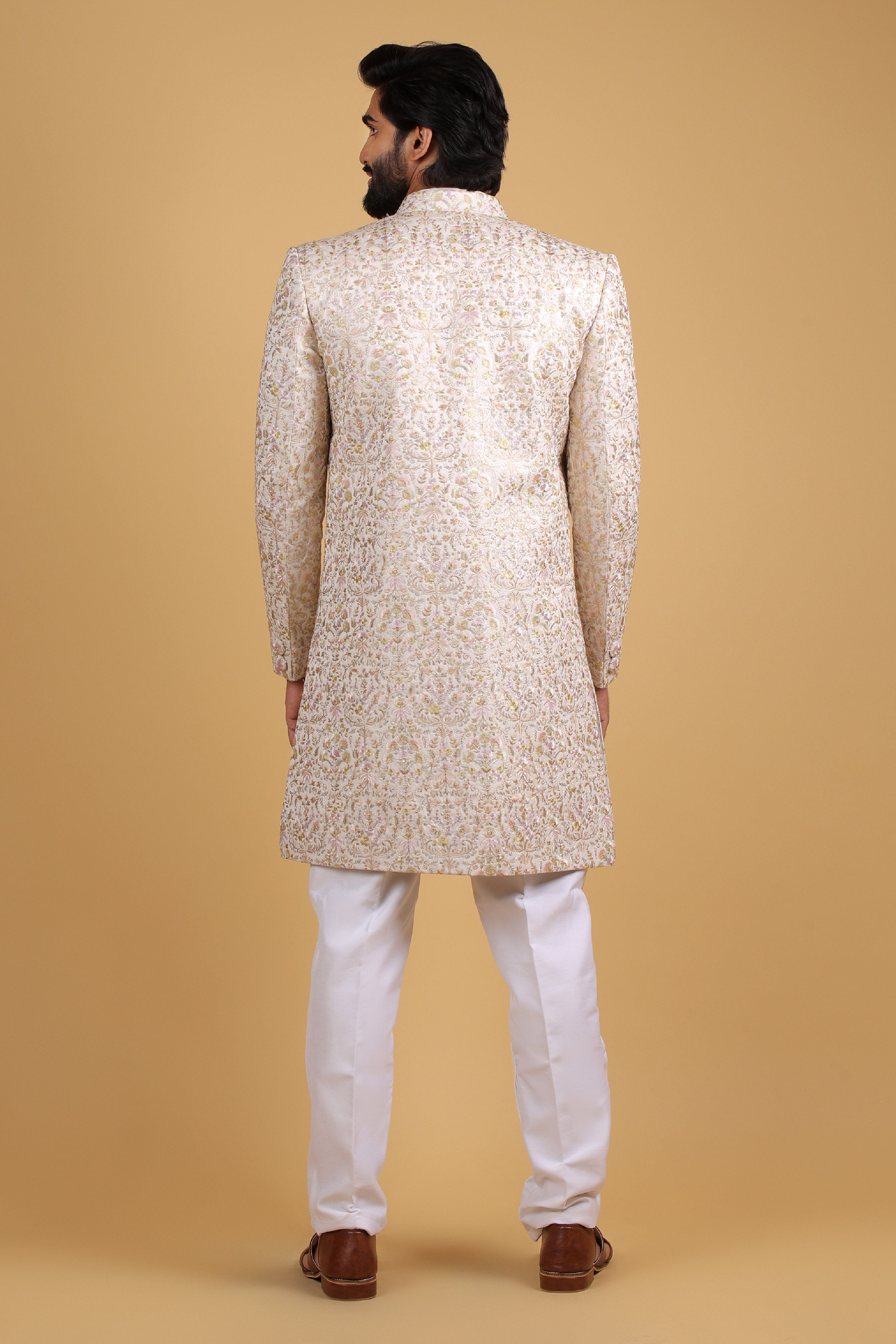 Regal Cream Resham & Zari Embroidered Front-Open Indo Western