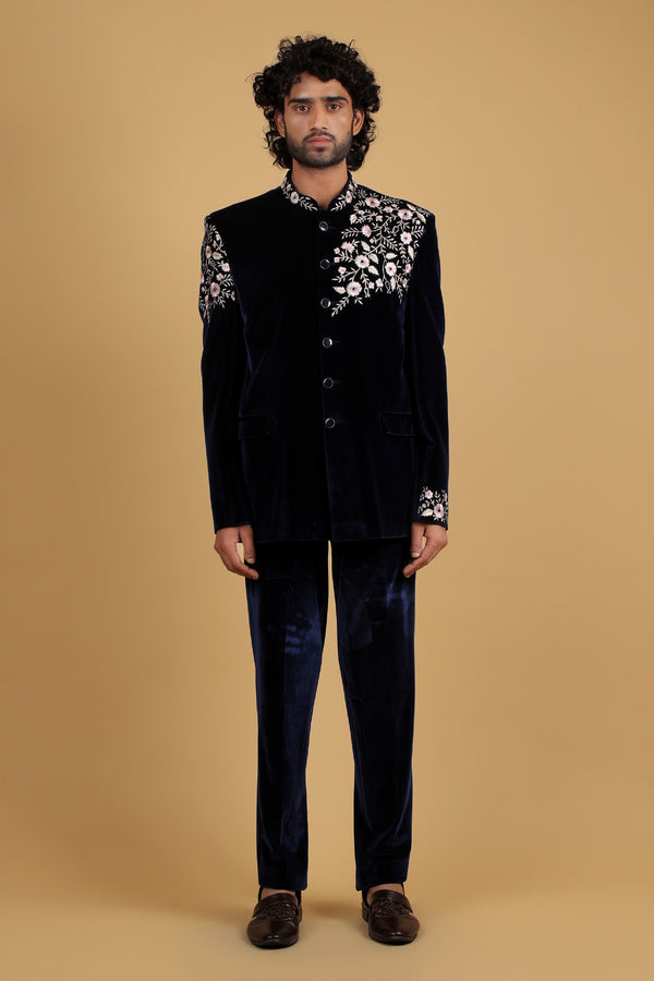 Roasty Blue Velvet Resham Hand-Embroidered Bandhgala