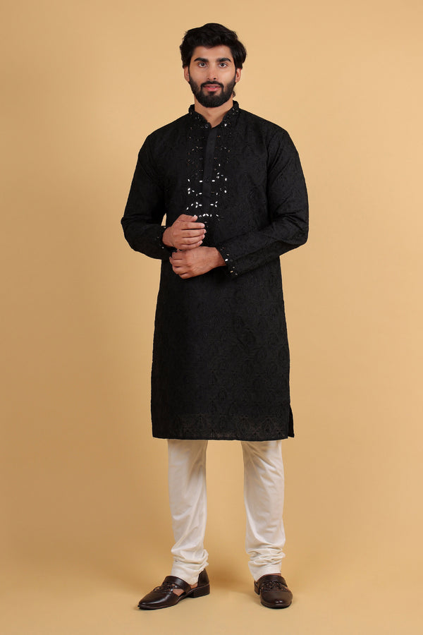 Noir Majesty Embroidered Mirror Work Silk Kurta