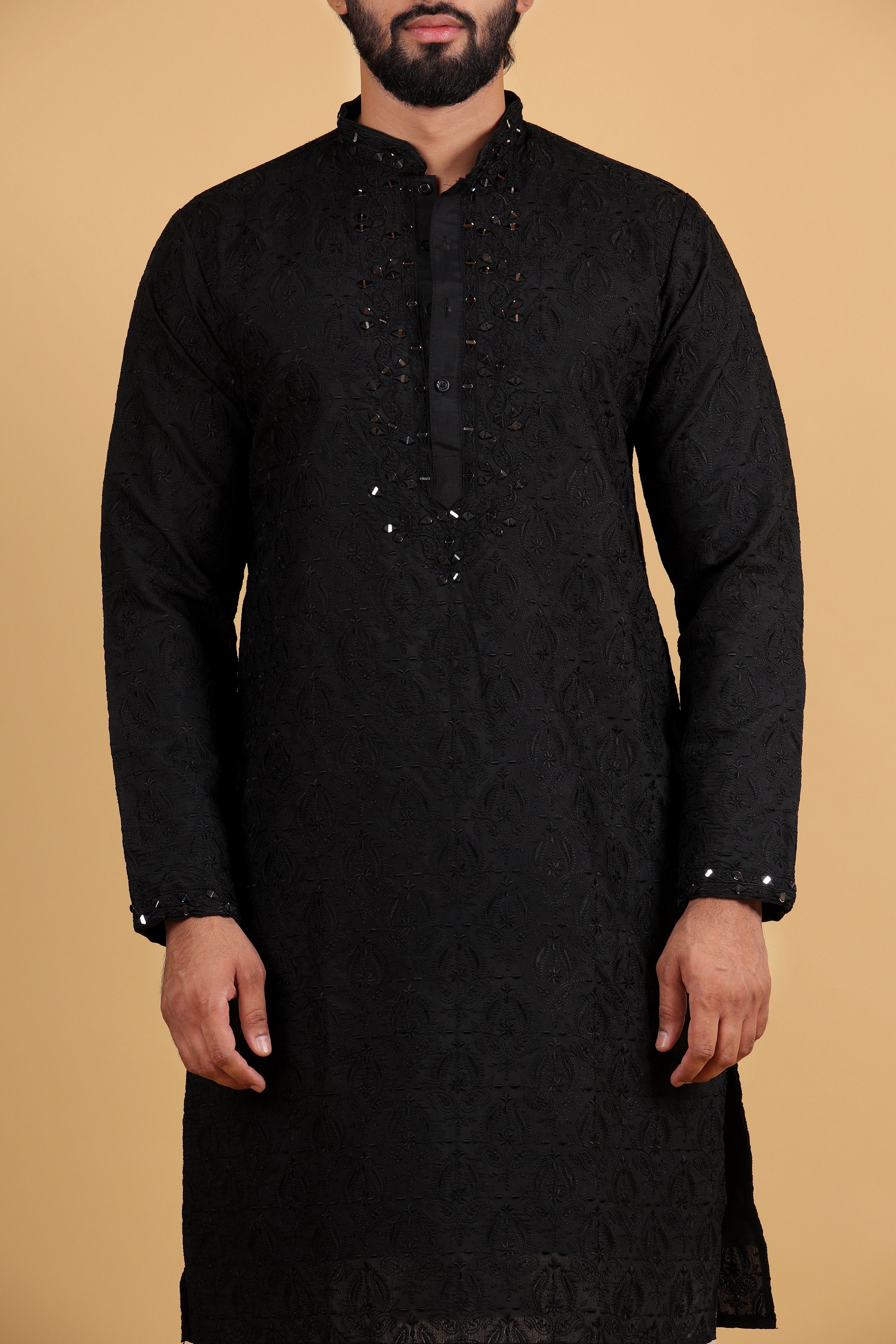 Noir Majesty Embroidered Mirror Work Silk Kurta