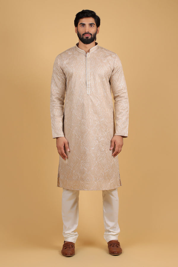 Beige Resham Embroidered Kurta in Luxe Rayon Silk
