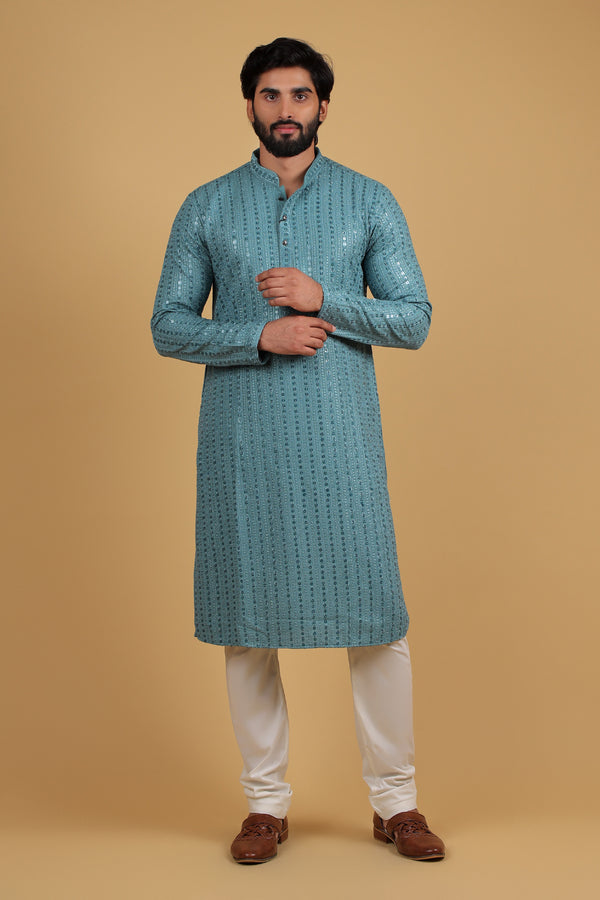 Celestial Sea Blue Sequin Embroidered Kurta