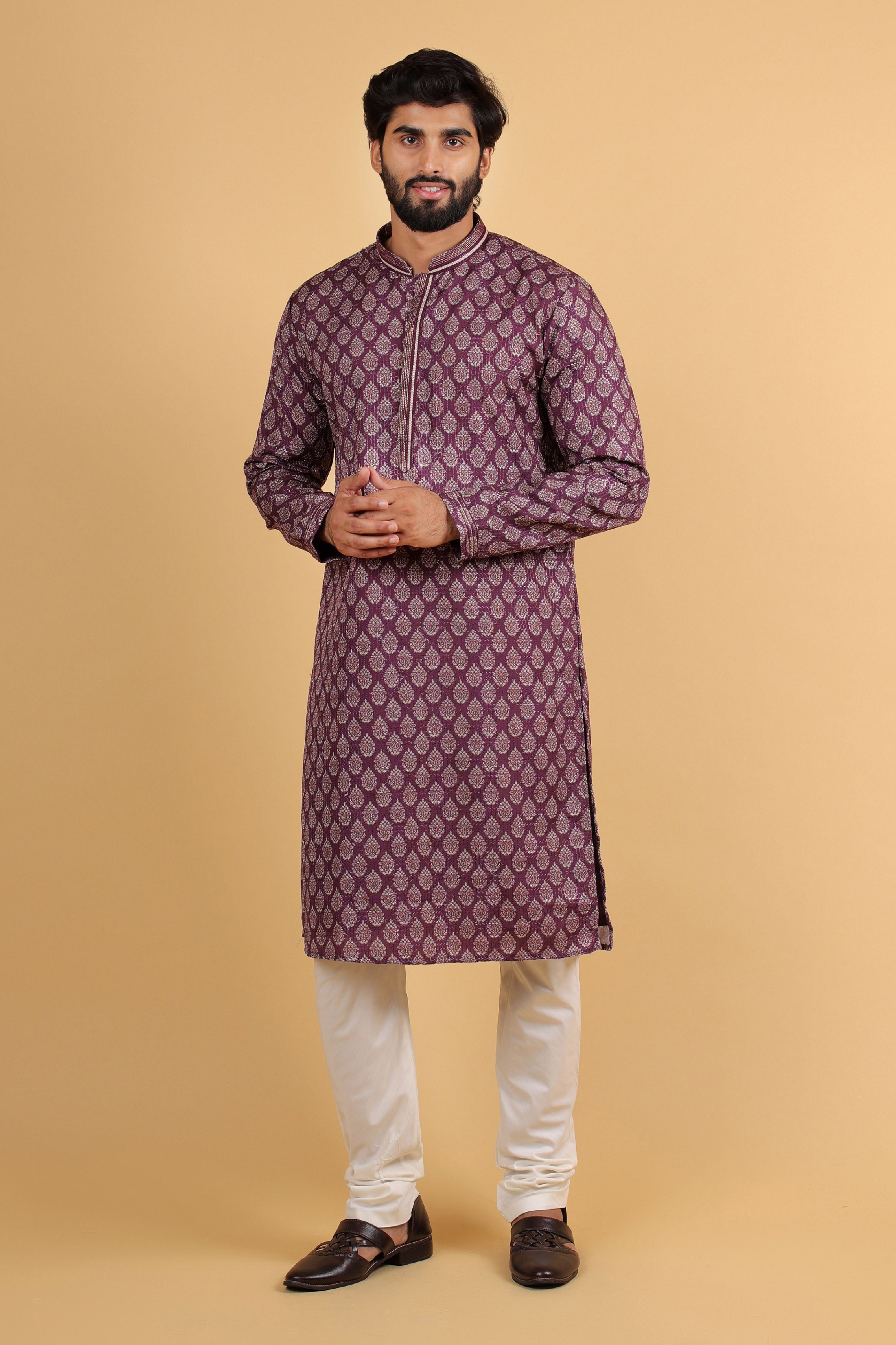 Wine Printed Rayon Kurta with Zari Sequin Embroidery