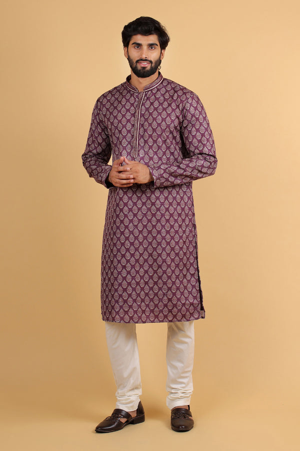 Wine Printed Rayon Kurta with Zari Sequin Embroidery