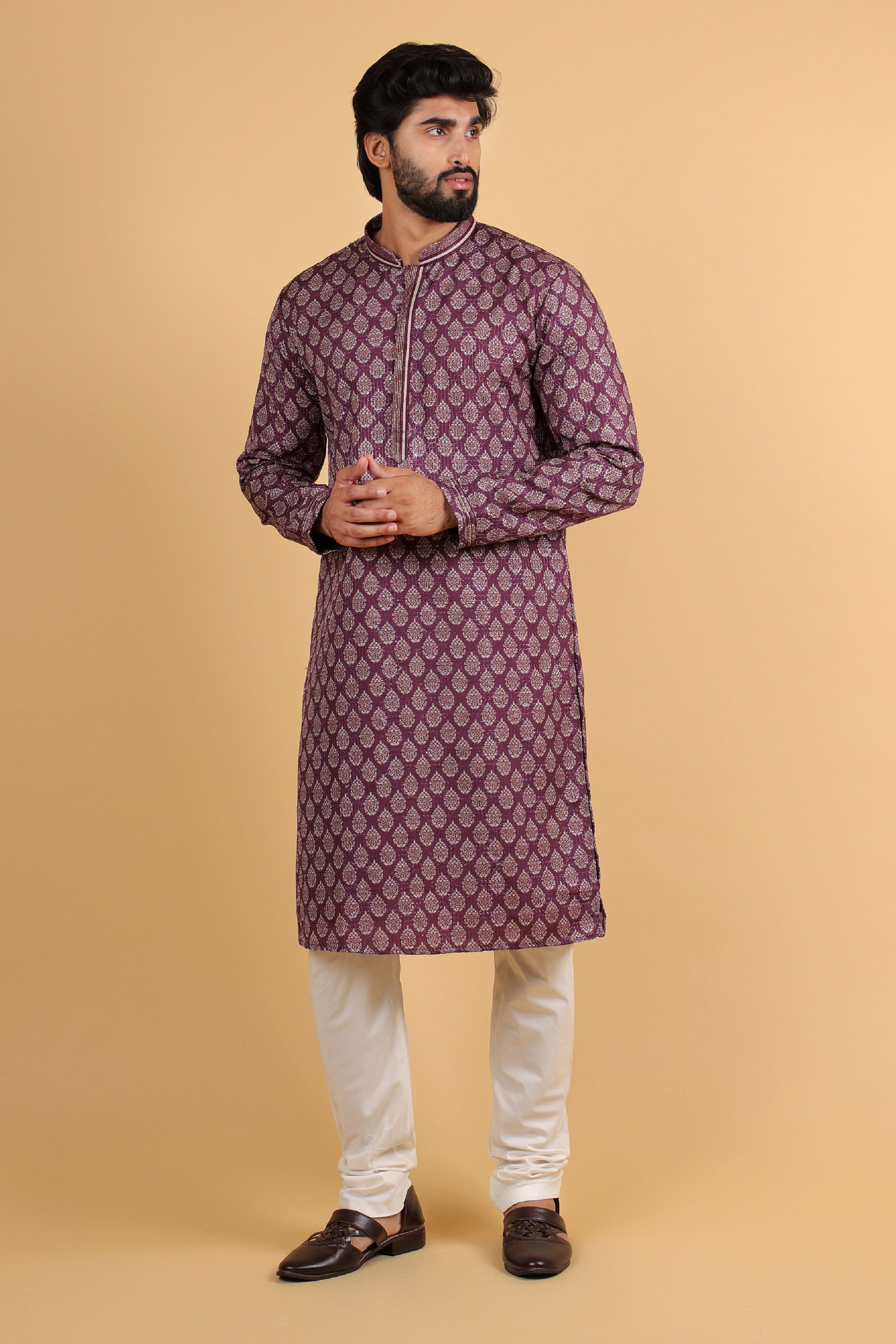 Wine Printed Rayon Kurta with Zari Sequin Embroidery