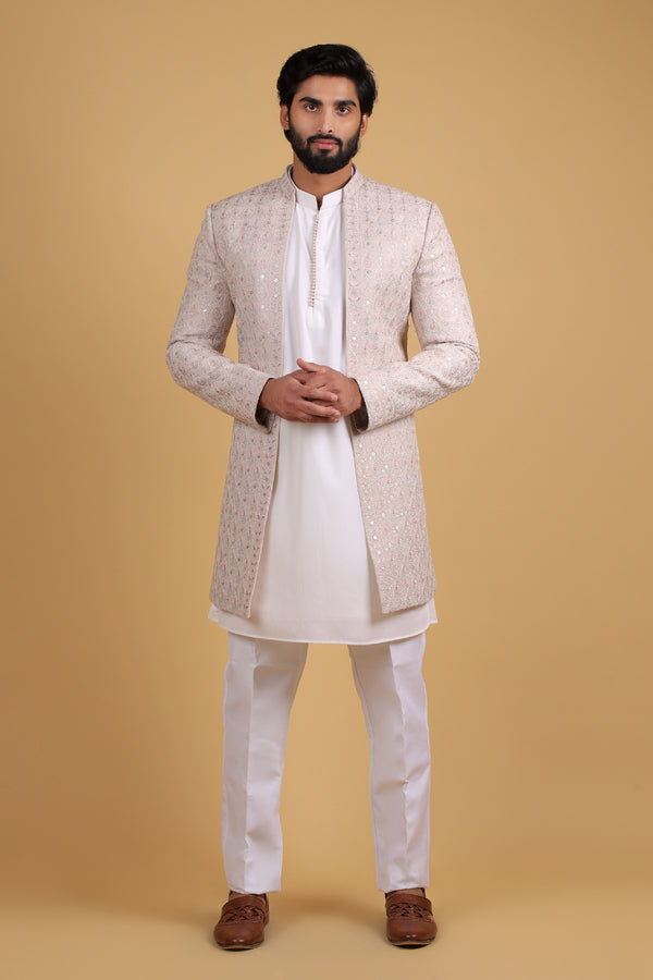 Peach Satin Zari Embroidered Indo-Western