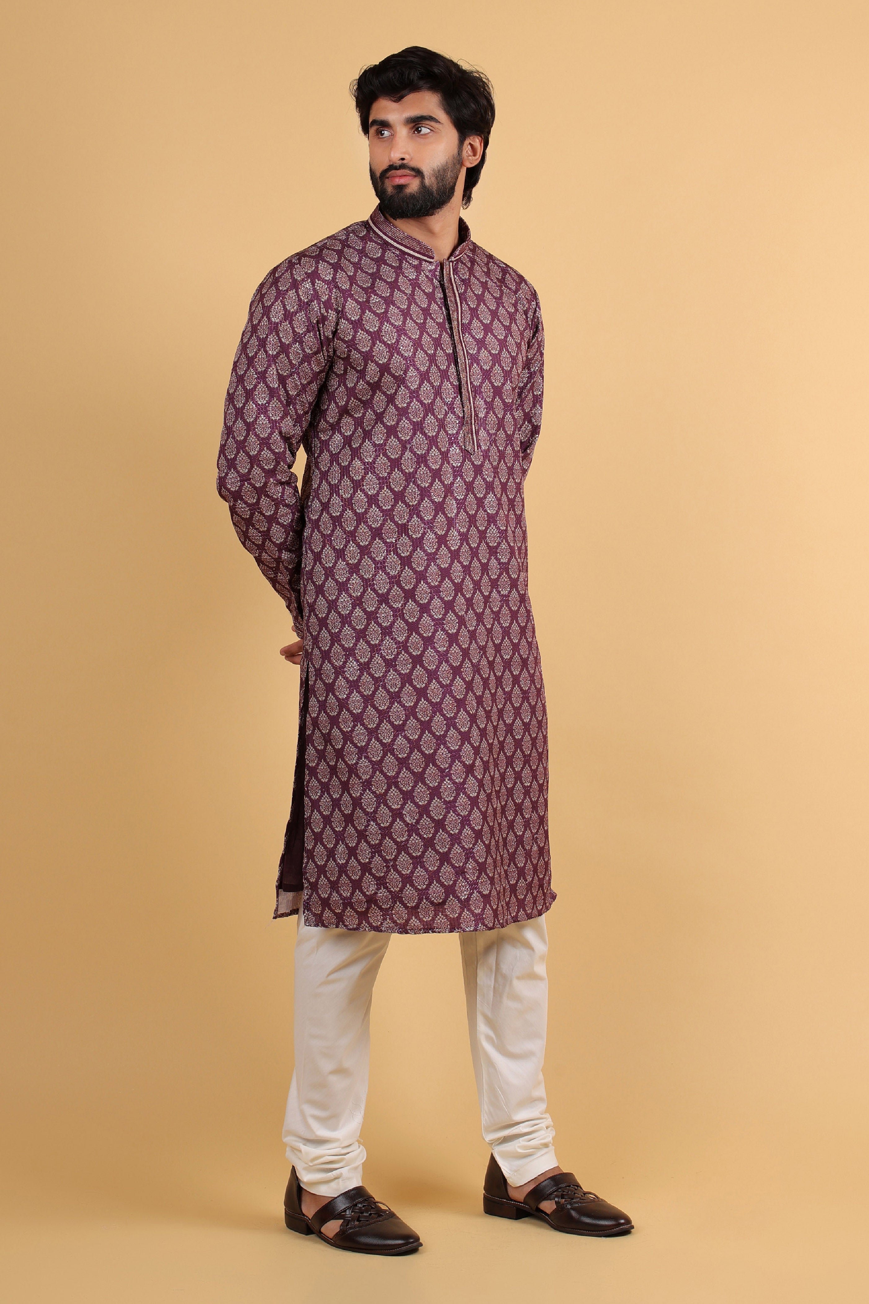 Wine Printed Rayon Kurta with Zari Sequin Embroidery