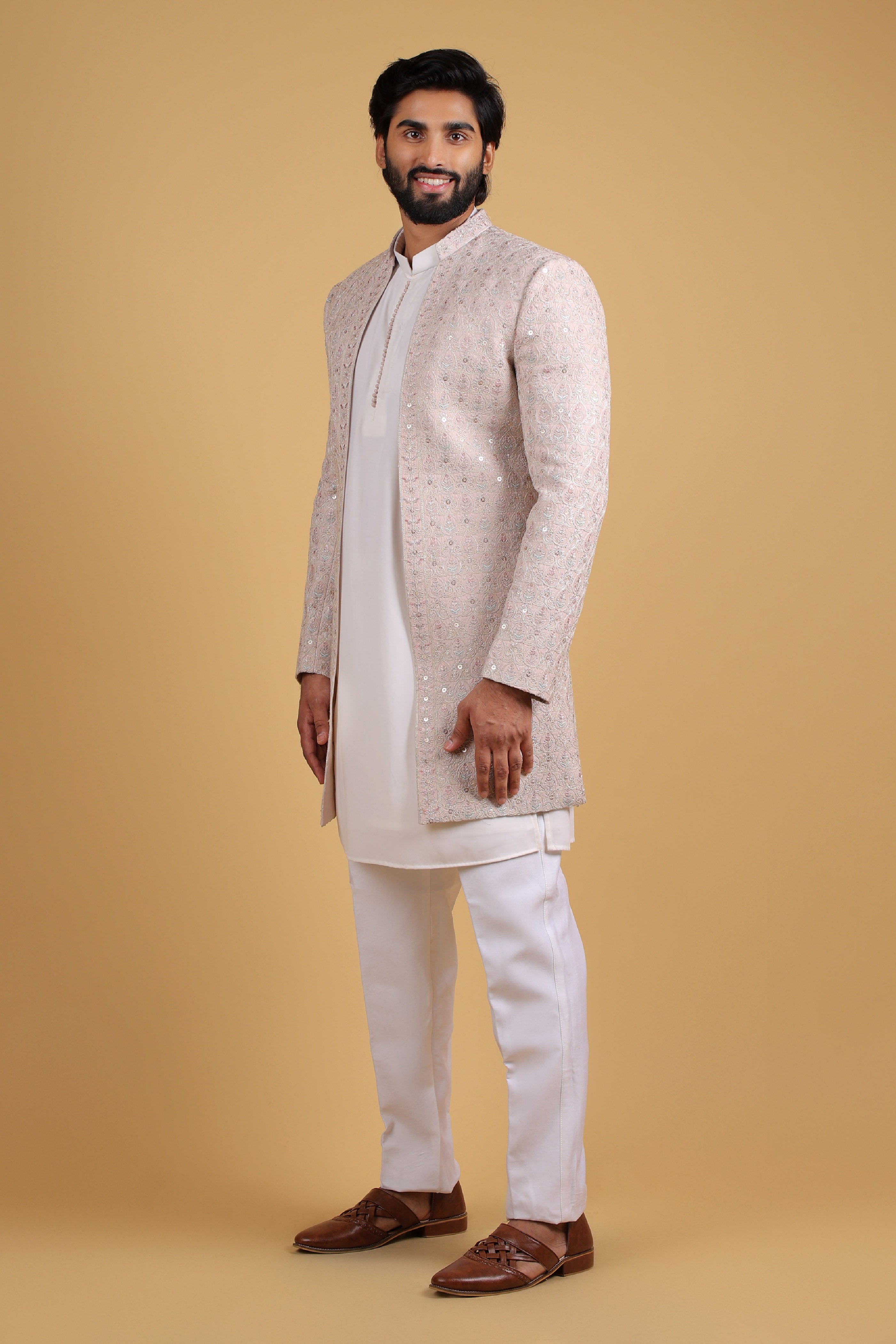 Peach Satin Zari Embroidered Indo-Western