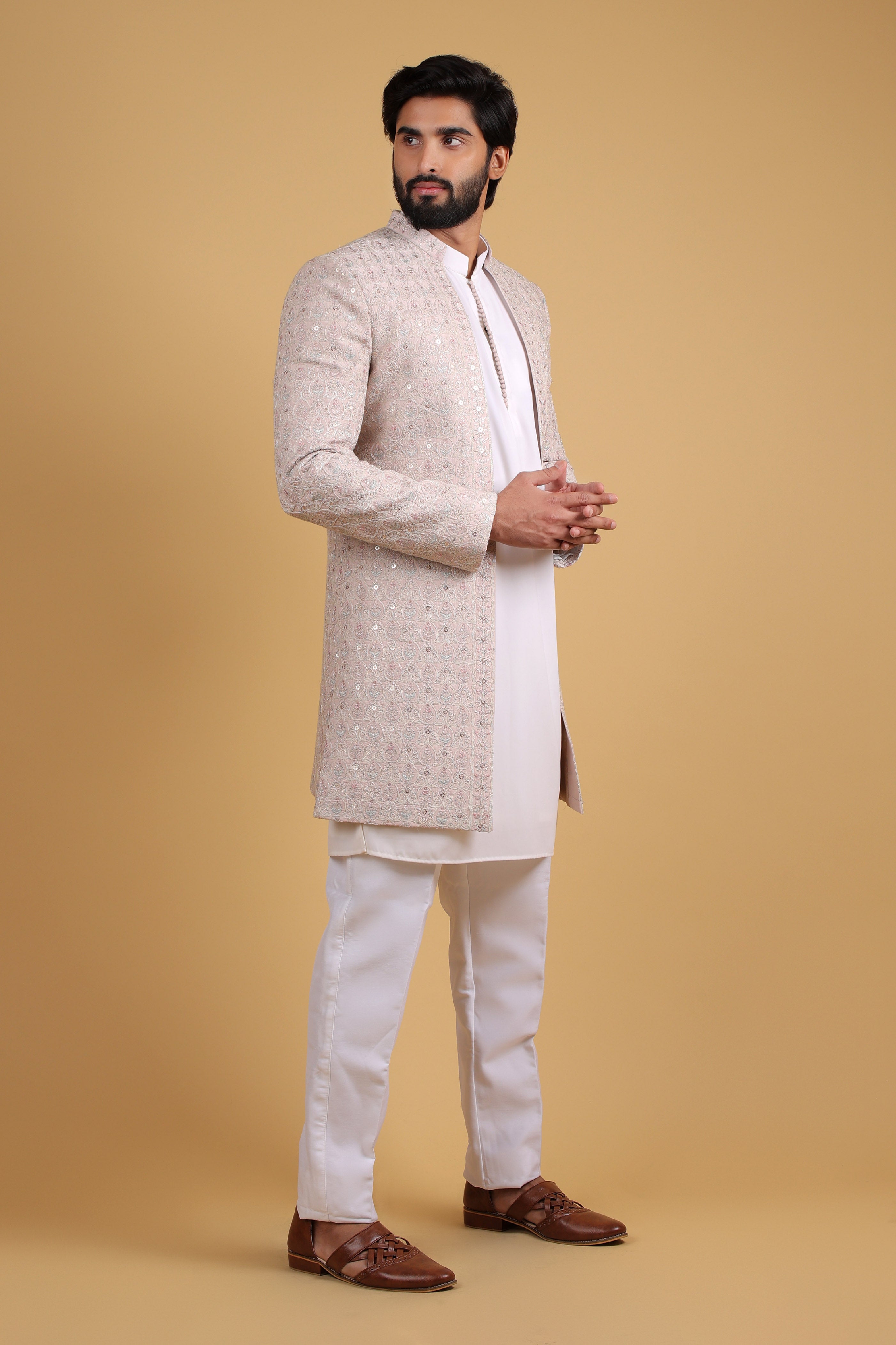 Peach Satin Zari Embroidered Indo-Western