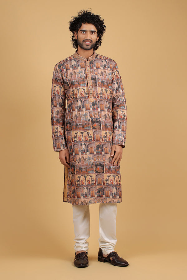 Brown Kattan Silk Kurta with Heritage Print & Embroidered Collar