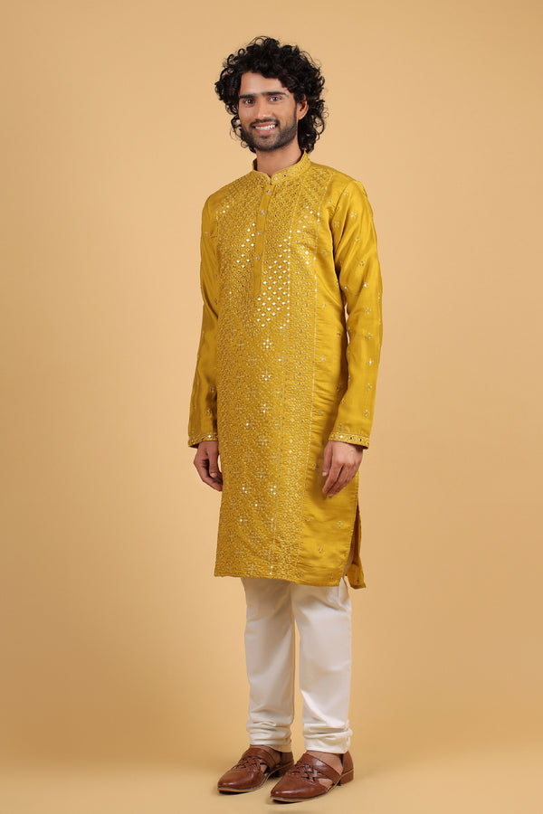 Mustard Chanderi Mirror Embroidered Kurta