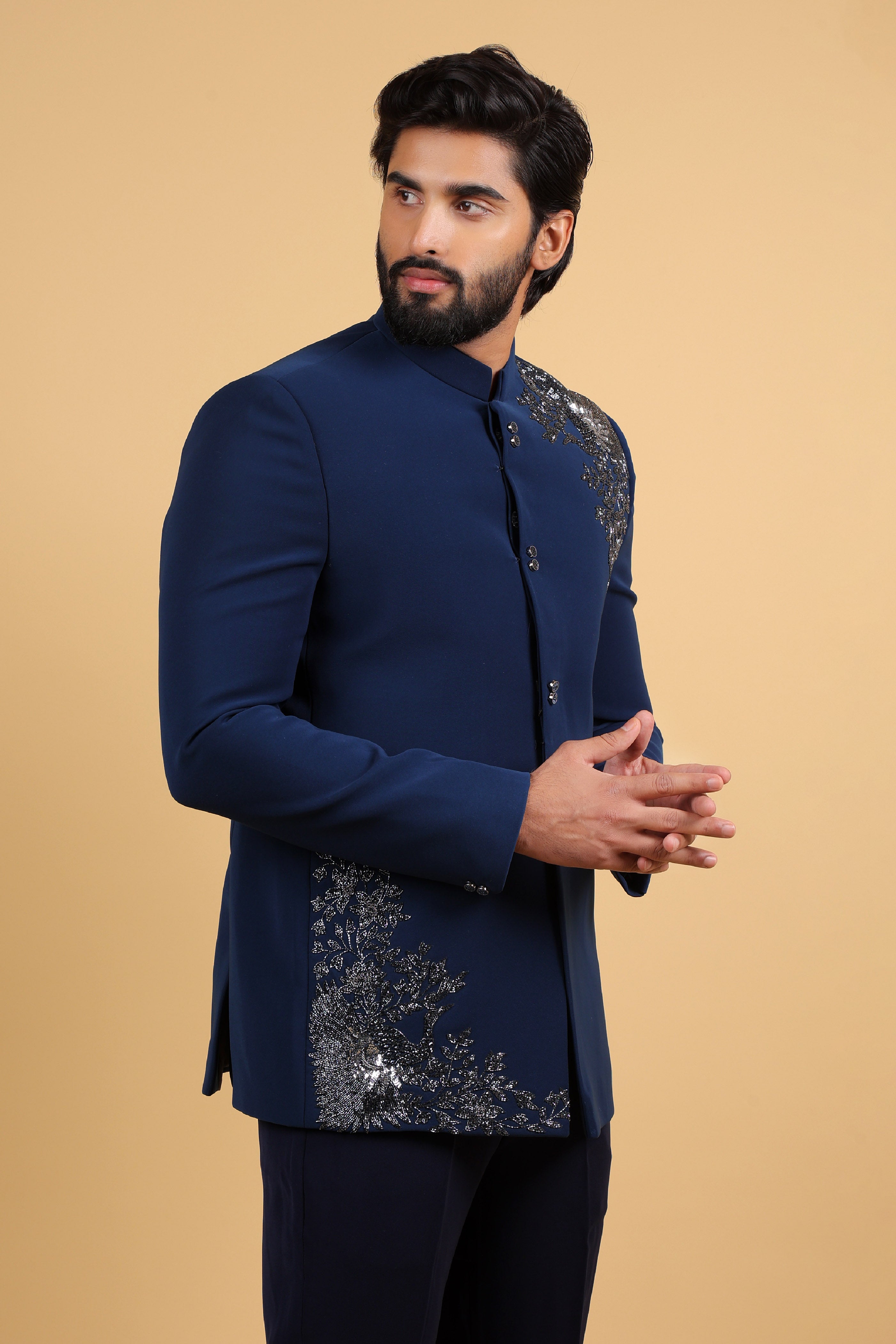 Regal Blue Hand-Embroidered Bandhgala Ensemble