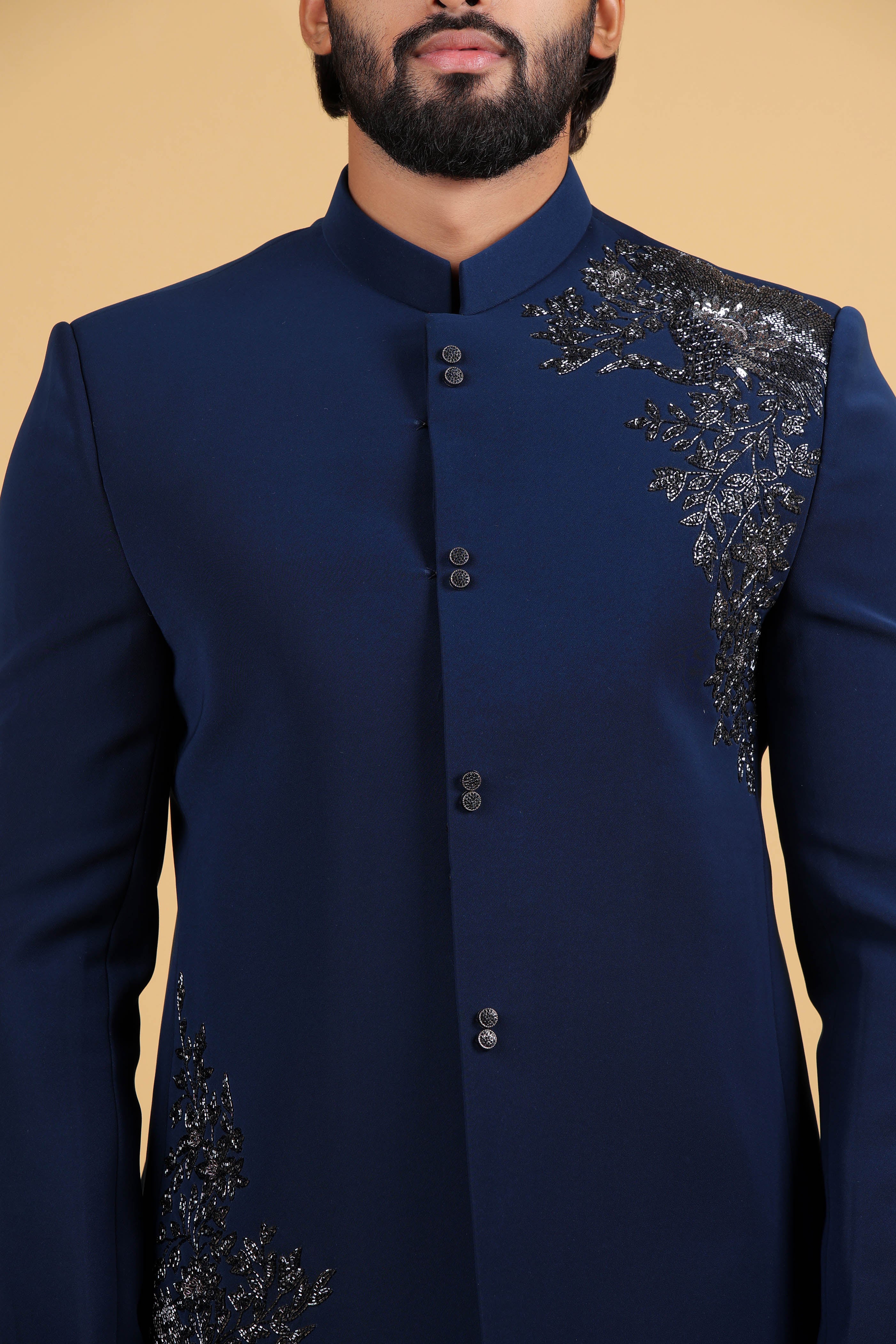 Regal Blue Hand-Embroidered Bandhgala Ensemble