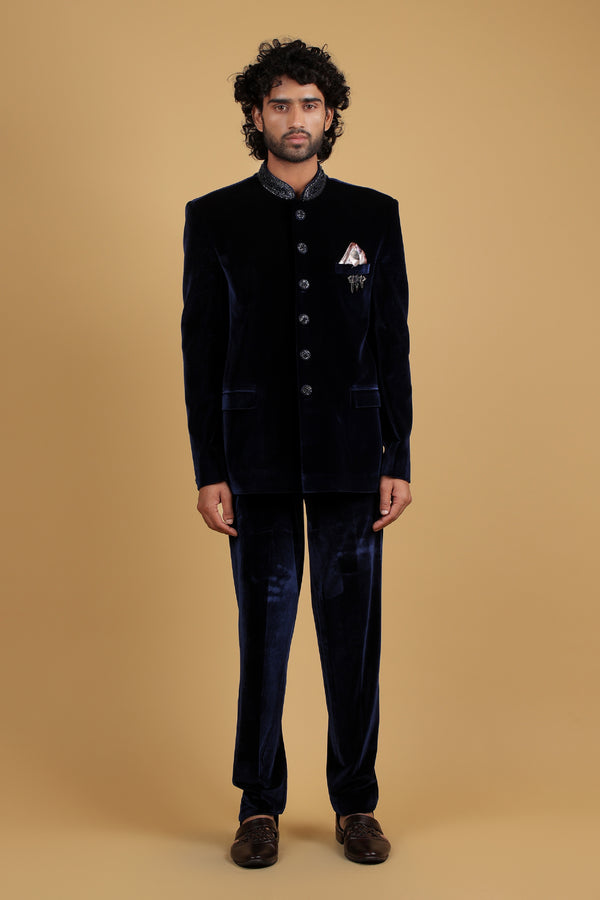 Roasty Blue Velvet Bandhgala Ensemble