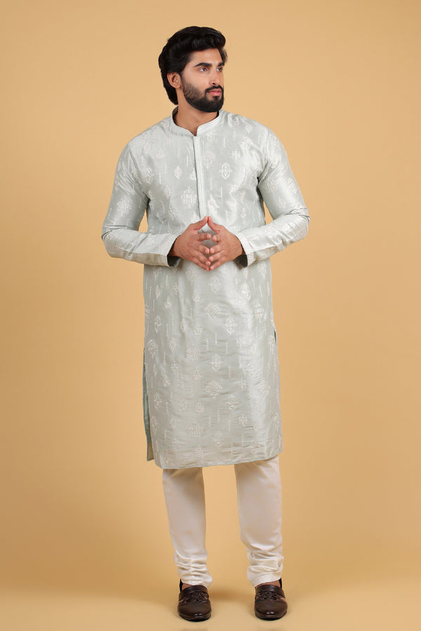 Pista Green Sequin Embroidered Rado Silk Kurta