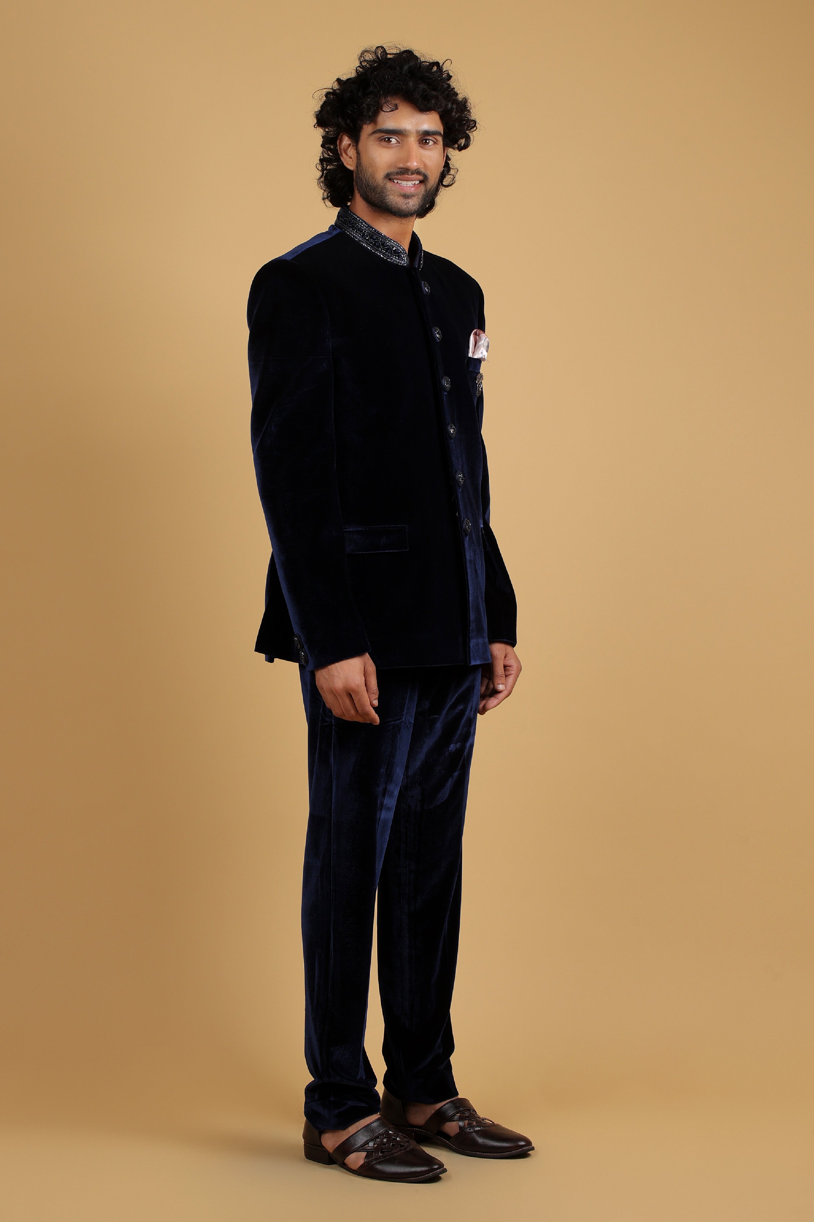 Roasty Blue Velvet Bandhgala Ensemble