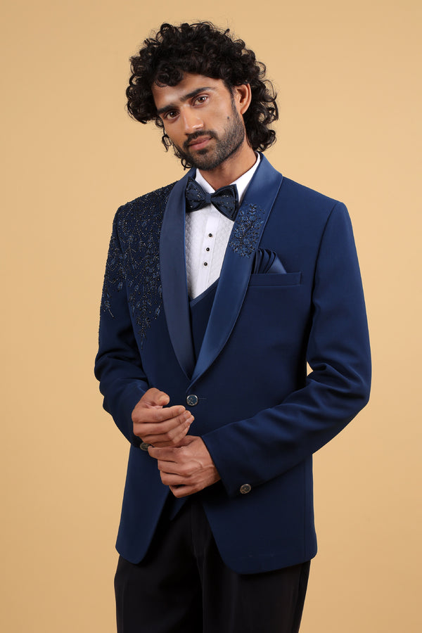 Imperial Blue Embroidered 5-Piece Tuxedo Ensemble